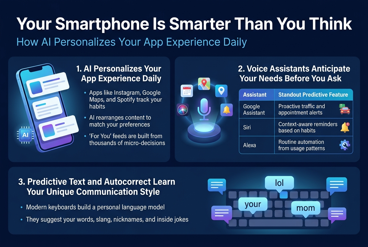 Create a clean professional infographic in a 3:2 aspect ratio, full-bleed layout with no frame, no borders, and wide horizontal sections. Use a modern tech style with a deep navy, bright blue, cyan, purple, and white color palette, with subtle gradient accents and soft glow effects. Use bold sans-serif typography for the title and clear readable sans-serif body text. Place the main title across the top, left-aligned, large and bold in white:
"Your Smartphone Is Smarter Than You Think"
Directly beneath the title, add a smaller subtitle in light blue:
"How AI Personalizes Your App Experience Daily"
Design three wide content sections across the canvas, arranged in a balanced two-column top area and a full-width bottom strip.
LEFT TOP SECTION:
A smartphone illustration with layered app cards and a small AI chip icon. Include the heading:
"1. AI Personalizes Your App Experience Daily"
Add short bullet text beside the phone:
"Apps like Instagram, Google Maps, and Spotify track your habits"
"AI rearranges content to match your preferences"
"‘For You’ feeds are built from thousands of micro-decisions"
CENTER TOP SECTION:
A voice assistant hub with glowing microphone, calendar, map pin, and bell icons. Include the heading:
"2. Voice Assistants Anticipate Your Needs Before You Ask"
Add a clean three-row mini table with two columns labeled:
"Assistant" and "Standout Predictive Feature"
Rows:
"Google Assistant" — "Proactive traffic and appointment alerts"
"Siri" — "Context-aware reminders based on habits"
"Alexa" — "Routine automation from usage patterns"
Include small visual icons for traffic, reminder, and automation next to each row.
BOTTOM FULL-WIDTH SECTION:
A keyboard illustration with predictive word bubbles above it and chat/message icons around it. Include the heading:
"3. Predictive Text and Autocorrect Learn Your Unique Communication Style"
Add supporting text in two short lines:
"Modern keyboards build a personal language model"
"They suggest your words, slang, nicknames, and inside jokes"
Show highlighted suggestion bubbles above keys with examples like "your", "lol", and "mom