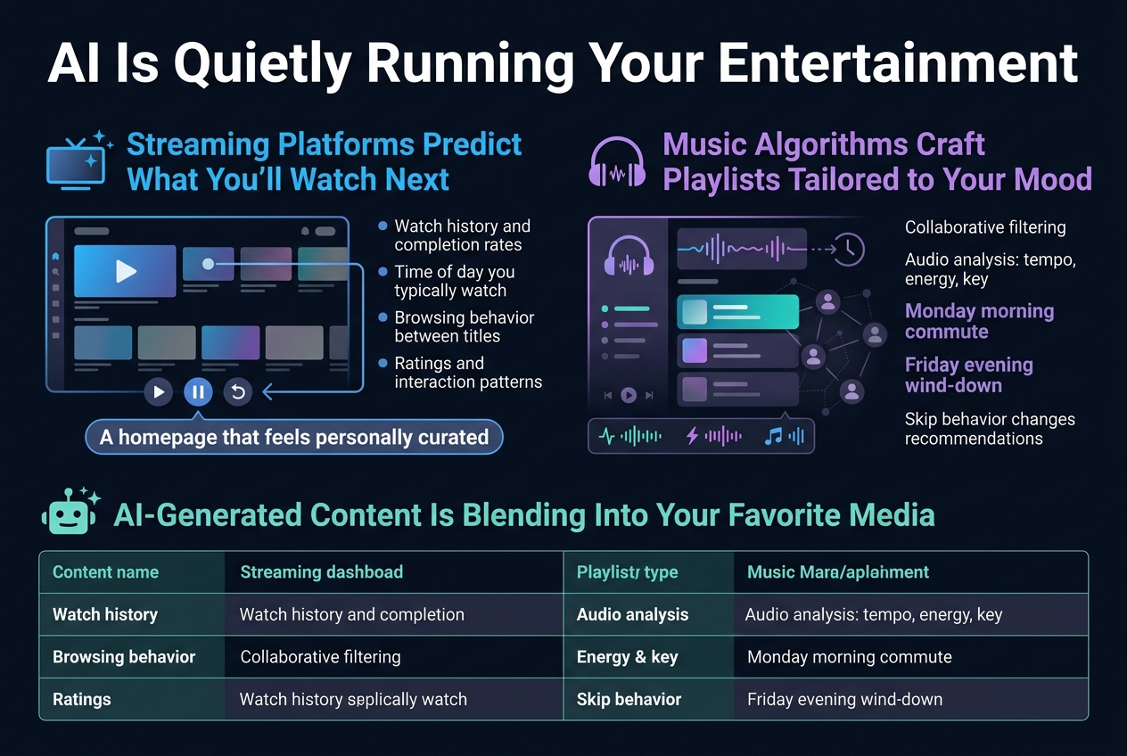 Create a clean, modern infographic illustration in a 3:2 aspect ratio with a full-bleed wide layout, no frame, no inset border, and no narrow vertical stack. Use a dark navy-to-black background with electric blue, purple, teal, and soft white accents. Use bold sans-serif typography, high contrast, crisp vector style, subtle gradients, and smooth iconography.
At the top across the full width, place a large bold title in white: "AI Is Quietly Running Your Entertainment"
Below the title, organize the content into three wide horizontal sections with clear visual hierarchy and evenly spaced columns.
SECTION 1, upper left to upper center:
Heading in bright blue: "Streaming Platforms Predict What You'll Watch Next"
Show a large streaming screen or homepage dashboard with thumbnail tiles, a play icon, a pause icon, a rewind icon, and a recommendation flow line. Include a small left-side icon of a TV screen with sparkles.
Add a compact four-item bullet block with small circular markers and these exact lines:
"Watch history and completion rates"
"Time of day you typically watch"
"Browsing behavior between titles"
"Ratings and interaction patterns"
Place a highlighted callout under this section in a rounded rectangle: "A homepage that feels personally curated"
SECTION 2, upper right to middle right:
Heading in purple: "Music Algorithms Craft Playlists Tailored to Your Mood"
Show a music app interface with a headphone icon, waveform lines, playlist cards, and a clock/skip indicator. Include small visual markers for tempo, energy, and key using waveform bars and music note icons. Add a subtle network of matching user nodes around a central playlist card.
Include a short explanatory text block with these exact lines:
"Collaborative filtering"
"Audio analysis: tempo, energy, key"
"Monday morning commute"
"Friday evening wind-down"
"Skip behavior changes recommendations"
Use teal and purple accents for the playlist visuals.
SECTION 3, lower half spanning the width:
Heading in teal: "AI-Generated Content Is Blending Into Your Favorite Media"
Show a wide 2-column table-style block with clear row lines and alternating dark panels. Use a small robot/spark icon at the left of the heading. The table