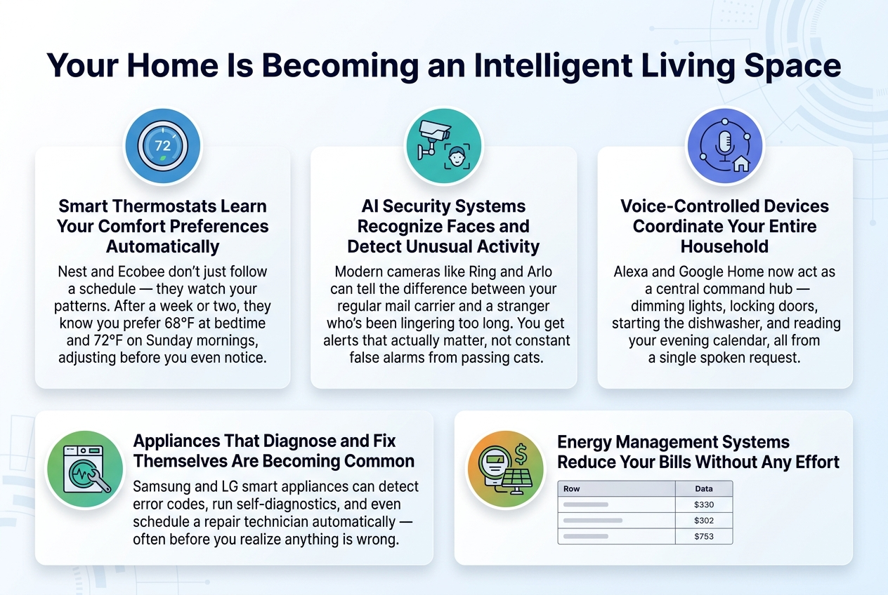 Create a clean, modern infographic illustration in a 3:2 landscape full-bleed layout with a light white-to-soft-blue gradient background, subtle geometric tech patterns, and a professional sans-serif font. Place a large bold title across the top: "Your Home Is Becoming an Intelligent Living Space".
Use a wide, balanced 2-row layout with five content blocks, each with a clear icon, bold subheading, and short body text. Use blue, teal, green, and warm gray accents, with dark navy text and soft shadowed cards.
Top row, left block:
A smart thermostat icon in a blue circle, with the heading "Smart Thermostats Learn Your Comfort Preferences Automatically" and body text: "Nest and Ecobee don't just follow a schedule — they watch your patterns. After a week or two, they know you prefer 68°F at bedtime and 72°F on Sunday mornings, adjusting before you even notice."
Top row, center block:
A security camera and face-recognition icon in a teal circle, with the heading "AI Security Systems Recognize Faces and Detect Unusual Activity" and body text: "Modern cameras like Ring and Arlo can tell the difference between your regular mail carrier and a stranger who's been lingering too long. You get alerts that actually matter, not constant false alarms from passing cats."
Top row, right block:
A voice assistant microphone and connected-home icon in a purple-blue circle, with the heading "Voice-Controlled Devices Coordinate Your Entire Household" and body text: "Alexa and Google Home now act as a central command hub — dimming lights, locking doors, starting the dishwasher, and reading your evening calendar, all from a single spoken request."
Bottom row, left block:
A smart appliance icon with a wrench and diagnostic wave symbol in a green circle, with the heading "Appliances That Diagnose and Fix Themselves Are Becoming Common" and body text: "Samsung and LG smart appliances can detect error codes, run self-diagnostics, and even schedule a repair technician automatically — often before you realize anything is wrong."
Bottom row, right wide block:
An energy meter, solar panel, and dollar sign icon in an orange-green circle, with the heading "Energy Management Systems Reduce Your Bills Without Any Effort" and a small two-column mini table beneath it. Table