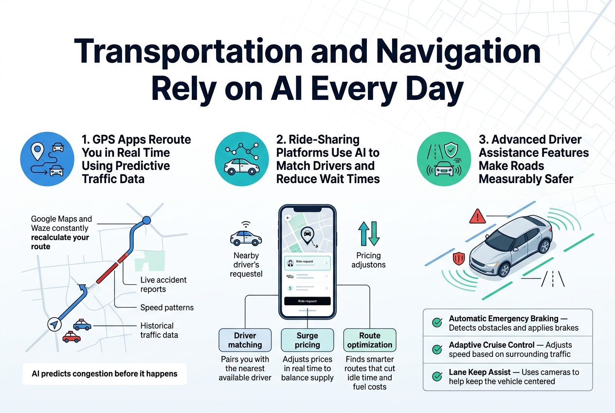 Create a clean, professional full-bleed infographic in a 3:2 aspect ratio with a modern tech style, white background, blue and teal accents, dark navy headings, subtle grid/map textures, and bold sans-serif typography.
Top center: large bold title in dark navy text: "Transportation and Navigation Rely on AI Every Day"
Below the title, arrange three wide horizontal sections across the page in a 3-column layout, each with a numbered circle icon on the left of the section header.
Section 1 on the left:
Blue circular icon with a map pin, route line, and small traffic car symbols.
Heading text: "1. GPS Apps Reroute You in Real Time Using Predictive Traffic Data"
Include a simple map graphic with a highlighted route, red slow-traffic segments, and a rerouting arrow.
Add short text blocks:
"Google Maps and Waze constantly recalculate your route"
"Live accident reports"
"Speed patterns"
"Historical traffic data"
"AI predicts congestion before it happens"
Section 2 in the center:
Teal circular icon with a ride-share car and connected dots.
Heading text: "2. Ride-Sharing Platforms Use AI to Match Drivers and Reduce Wait Times"
Show a smartphone UI with a ride request screen, a nearby driver car icon, and pricing arrows.
Add three compact labeled callouts:
"Driver matching"
"Surge pricing"
"Route optimization"
Small supporting text under each:
"Pairs you with the nearest available driver"
"Adjusts prices in real time to balance supply"
"Finds smarter routes that cut idle time and fuel costs"
Section 3 on the right:
Green circular icon with a car, shield, sensor waves, and lane markings.
Heading text: "3. Advanced Driver Assistance Features Make Roads Measurably Safer"
Show a modern car driving in a lane with sensor arcs, a braking warning symbol, lane lines, and cruise-control speed lines.
Add a neat three-row feature block with small check icons:
"Automatic Emergency Braking — Detects obstacles and