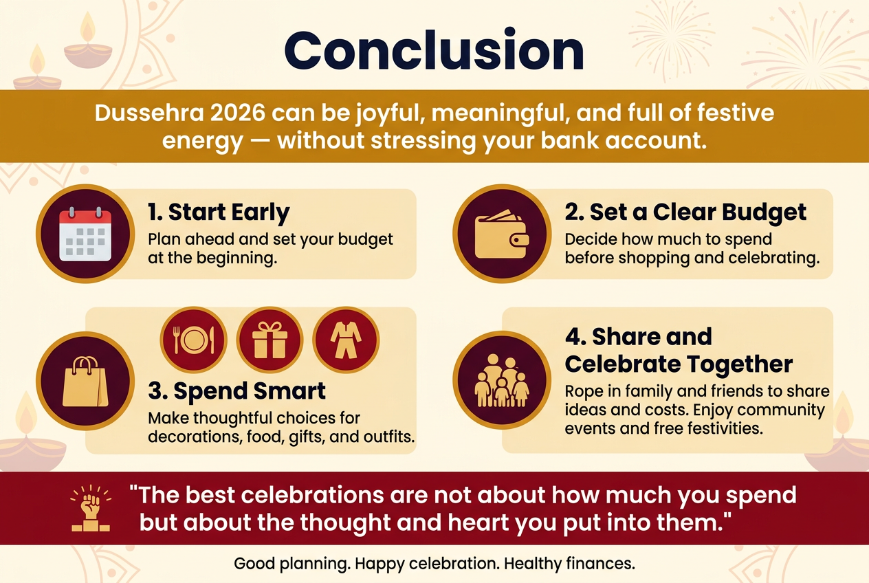 Create a full-bleed professional infographic in a 3:2 aspect ratio, with a festive Dussehra theme in warm saffron, gold, deep red, and dark navy accents, clean modern sans-serif fonts, and a balanced wide horizontal layout.
Top center: bold large heading text in dark navy, "Conclusion"
Below the heading, place a wide subtitle bar across the top third with the text: "Dussehra 2026 can be joyful, meaningful, and full of festive energy — without stressing your bank account."
Middle section: arrange 4 wide horizontal infographic blocks in two columns, with clear spacing and simple flat icons in circular badges.
Left top block: a calendar icon and the title text "1. Start Early" followed by smaller text: "Plan ahead and set your budget at the beginning."
Right top block: a wallet icon and the title text "2. Set a Clear Budget" followed by smaller text: "Decide how much to spend before shopping and celebrating."
Left bottom block: a shopping bag, plate, gift box, and outfit icons in a row with the title text "3. Spend Smart" followed by smaller text: "Make thoughtful choices for decorations, food, gifts, and outfits."
Right bottom block: a family and community icon with the title text "4. Share and Celebrate Together" followed by smaller text: "Rope in family and friends to share ideas and costs. Enjoy community events and free festivities."
Bottom wide banner spanning the full width: a small victory-style icon with the bold closing quote text:
"The best celebrations are not about how much you spend but about the thought and heart you put into them."
Add a final small footer line centered at the very bottom: "Good planning. Happy celebration. Healthy finances."
Use subtle festive patterns in the background such as soft diyas, rangoli curves, and faint fireworks, but keep the layout clean, readable, and uncl
