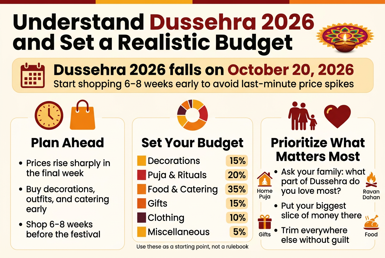 Create a clean, modern full-bleed infographic in a 3:2 aspect ratio about Dussehra budgeting, with a warm festive Indian color palette of saffron, deep red, gold, marigold orange, and dark charcoal text. Use bold sans-serif typography with clear hierarchy and crisp vector-style icons.
Top header across the full width: large bold title text, "Understand Dussehra 2026 and Set a Realistic Budget" with a small decorative rangoli and diya motif near the title.
Directly below the title, place a wide highlighted date banner with a calendar icon and the text: "Dussehra 2026 falls on October 20, 2026" and a smaller line beneath: "Start shopping 6–8 weeks early to avoid last-minute price spikes".
Main content in three wide horizontal sections across the center:
1) Left section: a clock icon and a shopping bag icon above the heading "Plan Ahead". Include short bullet text:
"Prices rise sharply in the final week"
"Buy decorations, outfits, and catering early"
"Shop 6–8 weeks before the festival"
2) Center section: a pie-chart or segmented budget wheel icon above the heading "Set Your Budget". Show a clean percentage breakdown chart with labeled color blocks and the exact text:
"Decorations 15%"
"Puja & Rituals 20%"
"Food & Catering 35%"
"Gifts 15%"
"Clothing 10%"
"Miscellaneous 5%"
Add a small note underneath in smaller text: "Use these as a starting point, not a rulebook"
3) Right section: a family silhouette or heart icon above the heading "Prioritize What Matters Most". Include the text:
"Ask your family: what part of Dussehra do you love most?"
"Put your biggest slice of money there"
"Trim everywhere else without guilt"
Include small icons for home puja, Ravan Dahan, gifts, and food around this section.
Use clean dividers, rounded cards, and spacious layout with no narrow vertical stack. Keep all text highly legible, aligned in balanced blocks, and