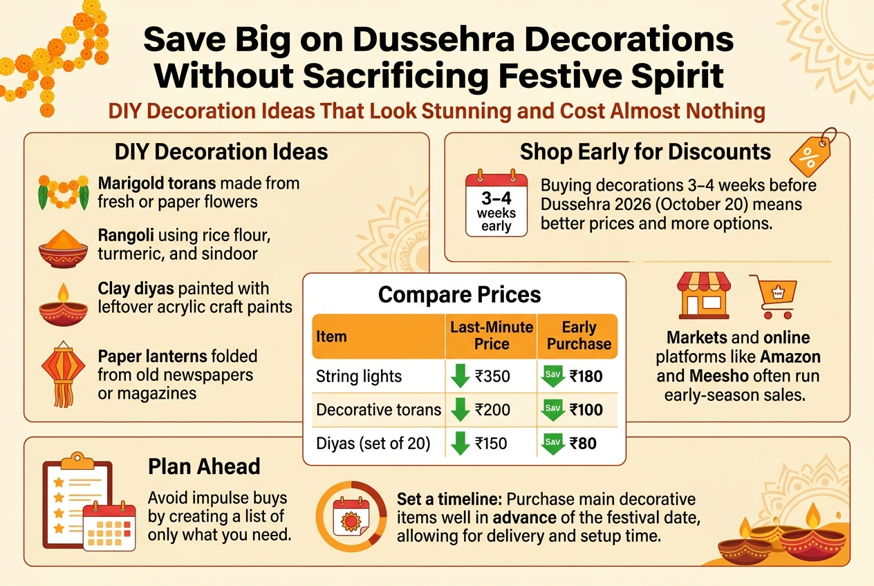Create a clean, professional full-bleed infographic illustration in 3:2 aspect ratio with a bright festive Indian color palette of marigold orange, saffron, red, gold, and warm cream, with dark charcoal text for readability. Use modern sans-serif fonts with a bold headline and clear section headings. Layout should be wide and horizontal, divided into four organized content blocks across the canvas, with icons and visual symbols for each block.
TOP HEADER: Large bold title centered across the top reading "Save Big on Dussehra Decorations Without Sacrificing Festive Spirit". Directly below it, a smaller subtitle in a warm accent color reading "DIY Decoration Ideas That Look Stunning and Cost Almost Nothing".
LEFT TOP SECTION: A boxed section with the heading "DIY Decoration Ideas" and four illustrated bullet items with small icons:
1. A marigold garland icon beside "Marigold torans made from fresh or paper flowers"
2. A rangoli bowl and pattern icon beside "Rangoli using rice flour, turmeric, and sindoor"
3. A painted clay lamp icon beside "Clay diyas painted with leftover acrylic craft paints"
4. A folded paper lantern icon beside "Paper lanterns folded from old newspapers or magazines"
RIGHT TOP SECTION: A boxed section with the heading "Shop Early for Discounts" and a small calendar icon showing "3–4 weeks early" and a price-tag icon. Include the text "Buying decorations 3–4 weeks before Dussehra 2026 (October 20) means better prices and more options." Add small shopping icons for market and online shopping, plus the line "Markets and online platforms like Amazon and Meesho often run early-season sales."
CENTER SECTION: A comparison table styled as a clean infographic panel titled "Compare Prices". Use three rows with colored arrows showing savings, and include the exact table text:
"Item | Last-Minute Price | Early Purchase Price"
"String lights | ₹350 | ₹180"
"Decorative torans | ₹200 | ₹100"
"Diyas (set of 20) | ₹150 | ₹80"
Use downward green arrows or savings markers between the last-minute and early-purchase prices.
BOTTOM LEFT SECTION: