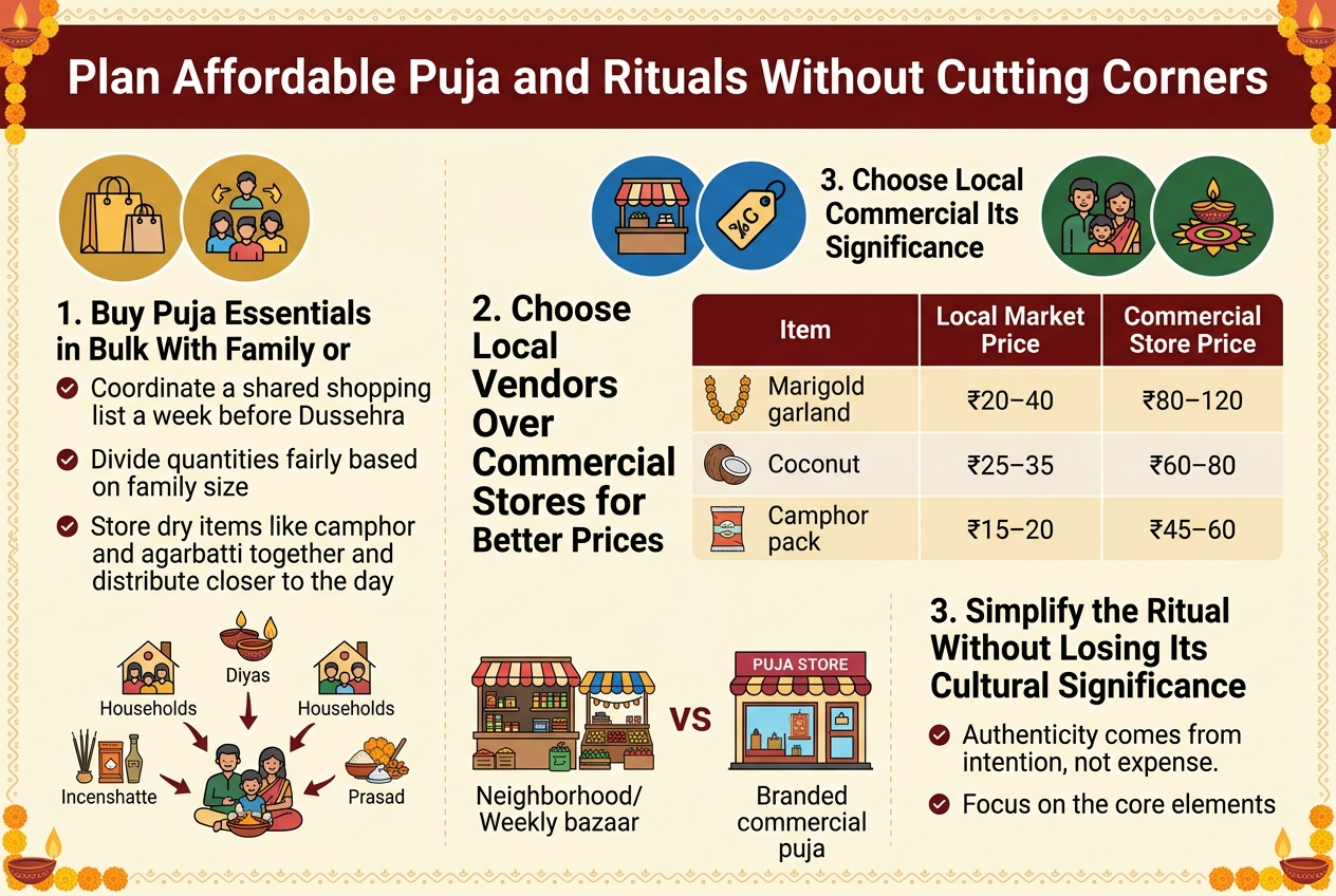 Create a clean, professional full-bleed infographic in a 3:2 aspect ratio with a warm festive Indian color palette of saffron, maroon, gold, cream, and deep green, with modern sans-serif fonts and clear hierarchy. Place a bold large heading across the top: "Plan Affordable Puja and Rituals Without Cutting Corners". Use a subtle decorative border of diyas, marigold petals, and rangoli motifs along the outer edges, but keep the layout open and spacious with wide horizontal sections.
Divide the infographic into 3 main horizontal content blocks with numbered section markers and matching icons:
LEFT TOP BLOCK:
Add a gold circular icon with stacked shopping bags and a group of people. Title in bold: "1. Buy Puja Essentials in Bulk With Family or Community Members"
Below, include three short bullet points with small check icons:
"- Coordinate a shared shopping list a week before Dussehra"
"- Divide quantities fairly based on family size"
"- Store dry items like camphor and agarbatti together and distribute closer to the day"
Add a small visual of multiple households pooling items like incense sticks, diyas, camphor, flowers, and prasad ingredients, with arrows showing shared cost.
CENTER BLOCK:
Add a blue circular icon with a local market stall and price tag. Title in bold: "2. Choose Local Vendors Over Commercial Stores for Better Prices"
Place a clean comparison table beneath it with three columns and alternating light cream rows:
"Item | Local Market Price | Commercial Store Price"
"Marigold garland | ₹20–40 | ₹80–120"
"Coconut | ₹25–35 | ₹60–80"
"Camphor pack | ₹15–20 | ₹45–60"
Add small icons beside each row: marigold garland, coconut, camphor pack. Include a visual contrast of a neighborhood kirana store and weekly bazaar on one side versus a branded commercial puja store on the other side.
RIGHT BLOCK:
Add a green circular icon with a family, prayer lamp, and rangoli. Title in bold: "3. Simplify the Ritual Without Losing Its Cultural Significance"
Below, include three bullet points with check icons:
"- Authenticity comes from intention, not expense."
"- Focus on the core elements