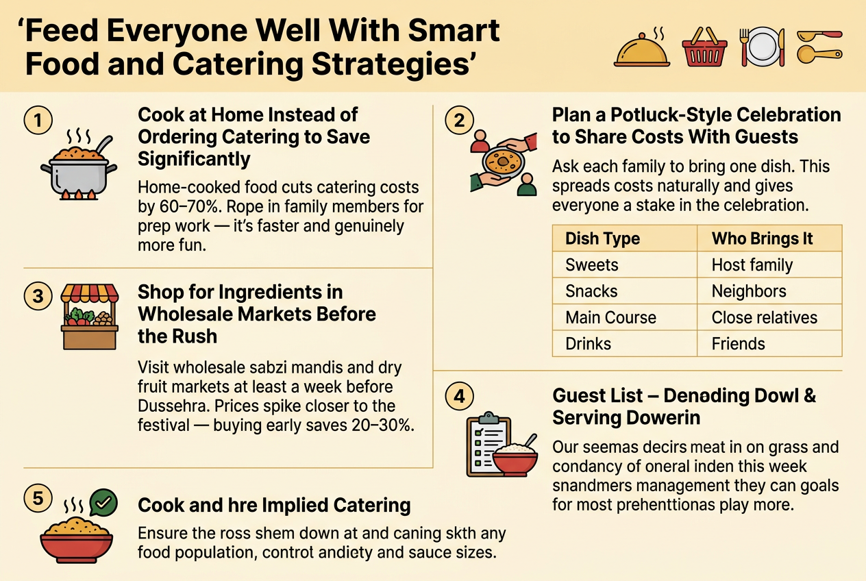 Create a clean, professional full-bleed infographic in a 3:2 landscape aspect ratio with a festive Indian food theme, using warm saffron, red, gold, and deep green accents on a light cream background. Use modern sans-serif fonts with a bold title at the top spanning the width.
Top header area:
Large bold title centered: "Feed Everyone Well With Smart Food and Catering Strategies"
Add a small decorative food icon row near the title: a covered dish, a shopping basket, a plate, and a measuring spoon.
Main layout: use 5 wide horizontal sections arranged in two columns on the upper and middle areas, with the final section across the bottom. Include clear numbered circles for each section and simple flat icons.
Section 1, upper left:
Number circle "1"
Icon: steaming home-cooked meal in a pot
Heading: "Cook at Home Instead of Ordering Catering to Save Significantly"
Body text: "Home-cooked food cuts catering costs by 60–70%. Rope in family members for prep work — it's faster and genuinely more fun."
Section 2, upper right:
Number circle "2"
Icon: shared plate or pot passed among people
Heading: "Plan a Potluck-Style Celebration to Share Costs With Guests"
Body text: "Ask each family to bring one dish. This spreads costs naturally and gives everyone a stake in the celebration."
Below the body, add a neat 2-column mini table with thin borders and alternating light rows:
Table header: "Dish Type" | "Who Brings It"
Rows:
"Sweets" | "Host family"
"Snacks" | "Neighbors"
"Main Course" | "Close relatives"
"Drinks" | "Friends"
Section 3, middle left:
Number circle "3"
Icon: market stall with vegetables and nuts
Heading: "Shop for Ingredients in Wholesale Markets Before the Rush"
Body text: "Visit wholesale sabzi mandis and dry fruit markets at least a week before Dussehra. Prices spike closer to the festival — buying early saves 20–30%."
Section 4, middle right:
Number circle "4"
Icon: guest list clipboard and serving bowl
Heading