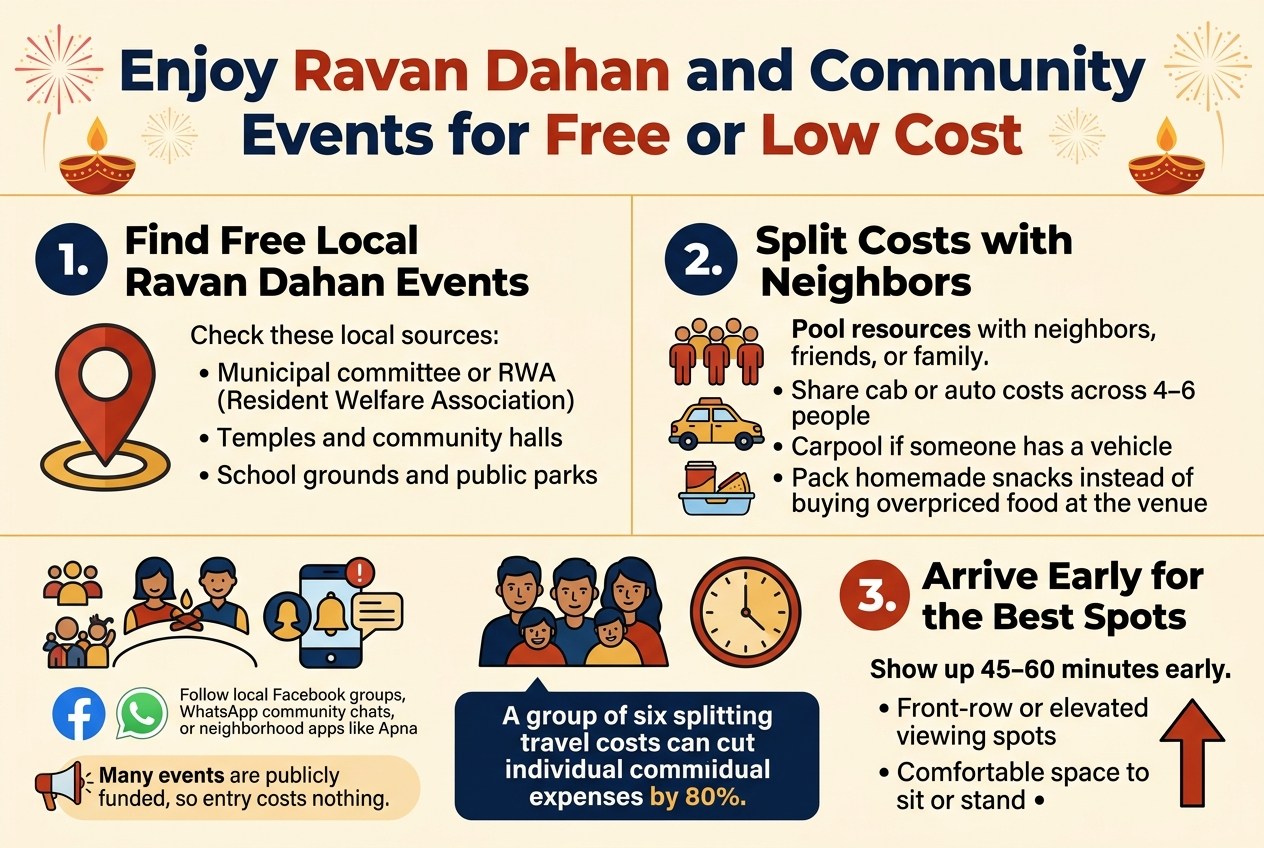 Create a clean, professional infographic illustration in a 3:2 aspect ratio with a full-bleed layout, wide horizontal sections, and no poster frame. Use a festive Indian color palette of saffron, red, gold, dark blue, and white, with modern sans-serif fonts and bold hierarchy.
Top header across the full width: large bold title in dark blue and saffron accents: "Enjoy Ravan Dahan and Community Events for Free or Low Cost". Add subtle festive firework and diya motifs near the title.
Below the header, divide the canvas into three wide horizontal content blocks with clear numbered circles and icons.
Left block, titled in bold: "1. Find Free Local Ravan Dahan Events"
Include a large map pin icon and small community icons. Add the text exactly:
"Check these local sources:"
• "Municipal committee or RWA (Resident Welfare Association)"
• "Temples and community halls"
• "School grounds and public parks"
Add small social icons for Facebook, WhatsApp, and a neighborhood app notification bubble, with a small line of text: "Follow local Facebook groups, WhatsApp community chats, or neighborhood apps like Apna"
Include a small note in a highlighted badge: "Many events are publicly funded, so entry costs nothing."
Center block, titled in bold: "2. Split Costs with Neighbors"
Include icons of 4–6 people, a shared cab, and a food container/snack box. Add the text exactly:
"Pool resources with neighbors, friends, or family."
• "Share cab or auto costs across 4–6 people"
• "Carpool if someone has a vehicle"
• "Pack homemade snacks instead of buying overpriced food at the venue"
Add a bold callout badge: "A group of six splitting travel costs can cut individual expenses by 80%."
Right block, titled in bold: "3. Arrive Early for the Best Spots"
Include a clock icon showing early arrival, a front-row seating icon, and an upward arrow indicating elevated viewing. Add the text exactly:
"Show up 45–60 minutes early."
• "Front-row or elevated viewing spots"
• "Comfortable space to sit or stand"
•