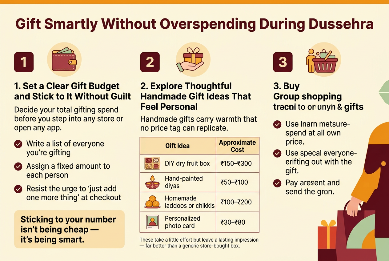 Create a full-bleed infographic illustration in a clean modern flat design, aspect ratio 3:2, with a warm festive Dussehra palette of saffron, maroon, gold, cream, and soft green accents. Use bold sans-serif typography with clear visual hierarchy. Place a large bold heading across the top:
"Gift Smartly Without Overspending During Dussehra"
Below the heading, divide the layout into three wide horizontal sections with icons and numbered labels, using a balanced multi-column layout rather than a narrow vertical stack.
SECTION 1 on the left side, labeled with a bold number badge and a wallet icon:
"1. Set a Clear Gift Budget and Stick to It Without Guilt"
Add a short subline below:
"Decide your total gifting spend before you step into any store or open any app."
Include three bullet points with small check icons:
"Write a list of everyone you're gifting"
"Assign a fixed amount to each person"
"Resist the urge to 'just add one more thing' at checkout"
Add a highlighted callout box at the bottom of this section with bold text:
"Sticking to your number isn't being cheap — it's being smart."
SECTION 2 in the center, labeled with a bold number badge and a handmade gift icon. Use a neat 2-column mini table with visible row lines and small illustrated gift items:
"2. Explore Thoughtful Handmade Gift Ideas That Feel Personal"
Add a short subline:
"Handmade gifts carry warmth that no price tag can replicate."
Table header row:
"Gift Idea" and "Approximate Cost"
Table rows:
"DIY dry fruit box" — "₹150–₹300"
"Hand-painted diyas" — "₹50–₹100"
"Homemade laddoos or chikkis" — "₹100–₹200"
"Personalized photo card" — "₹30–₹80"
Add a small footer line under the table:
"These take a little effort but leave a lasting impression — far better than a generic store-bought box."
SECTION 3 on the right side, labeled with a bold number badge and a group shopping basket icon:
"3. Buy