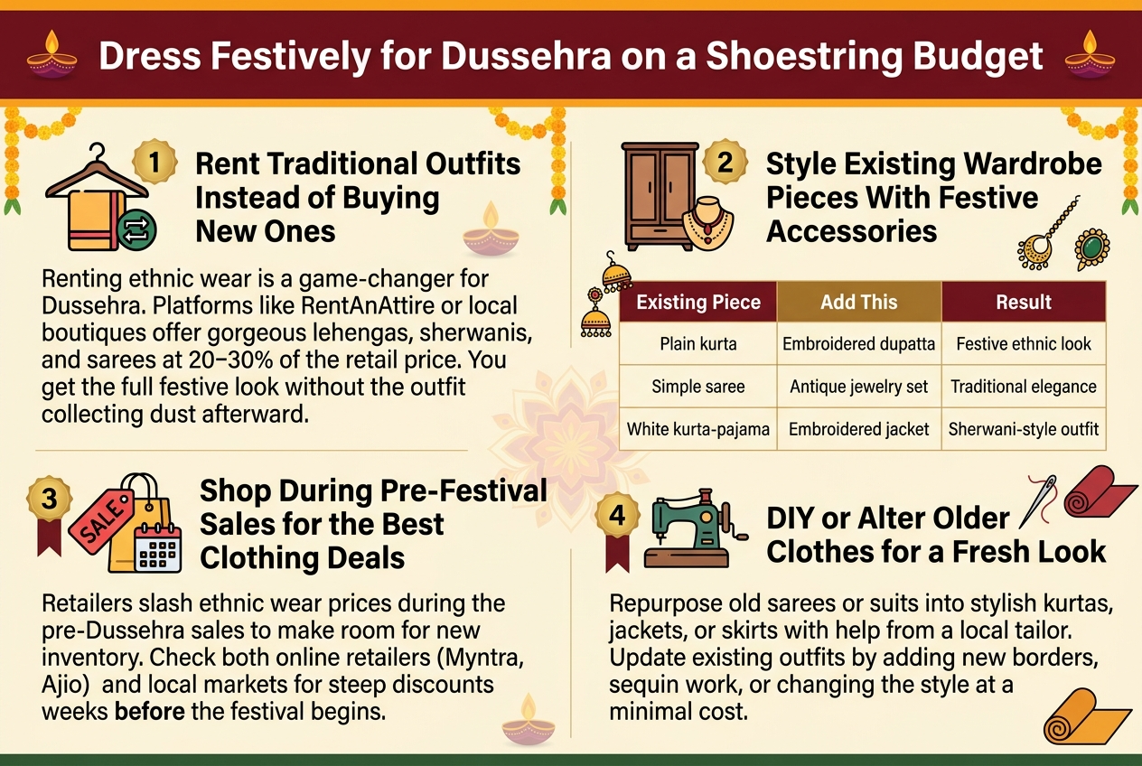 Create a clean, professional full-bleed infographic in landscape 3:2 ratio with a warm festive Indian color palette of saffron, maroon, gold, cream, and deep green, with modern sans-serif fonts and bold headline typography. Place a large bold title at the top center reading "Dress Festively for Dussehra on a Shoestring Budget". Use a wide horizontal layout with four clear sections arranged in two rows or a 2x2 grid, each section with a numbered badge, a distinct icon, and short text blocks. Include subtle festive motifs like diyas, marigold garlands, and a soft rangoli pattern in the background without clutter.
Top section: a wide header band with the title and a small decorative diya icon on each side.
Section 1 on the upper left with a hanger or clothing-rental icon and a gold number badge "1". Heading text: "Rent Traditional Outfits Instead of Buying New Ones". Body text: "Renting ethnic wear is a game-changer for Dussehra. Platforms like RentAnAttire or local boutiques offer gorgeous lehengas, sherwanis, and sarees at 20–30% of the retail price. You get the full festive look without the outfit collecting dust afterward."
Section 2 on the upper right with a wardrobe and accessory icon and a gold number badge "2". Heading text: "Style Existing Wardrobe Pieces With Festive Accessories". Add a small illustrated mini-table in the lower part of this section with three rows and three columns, clearly labeled:
"Existing Piece" | "Add This" | "Result"
"Plain kurta" | "Embroidered dupatta" | "Festive ethnic look"
"Simple saree" | "Antique jewelry set" | "Traditional elegance"
"White kurta-pajama" | "Embroidered jacket" | "Sherwani-style outfit"
Include small accessory icons such as jhumkas, a maang tikka, and a brooch around the section.
Section 3 on the lower left with a sale tag, shopping bag, and calendar icon and a gold number badge "3". Heading text: "Shop During Pre-Festival Sales for the Best Clothing Deals". Body text: "Retailers slash ethnic