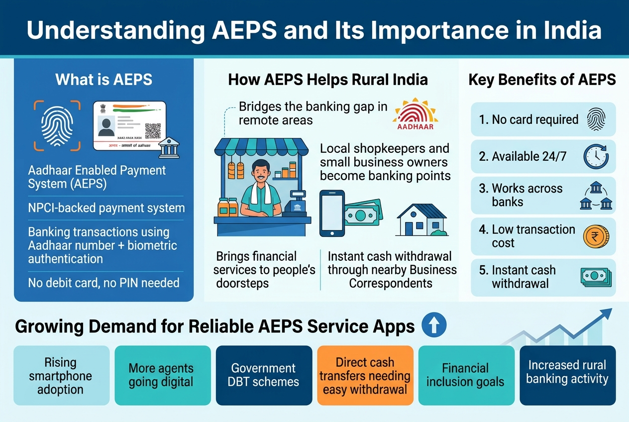 Create a clean, professional infographic illustration in a 3:2 aspect ratio with a full-bleed layout, wide horizontal composition, modern flat vector style, crisp sans-serif fonts, and a blue, teal, and white color palette with orange accent highlights. Place a bold top heading across the upper third: "Understanding AEPS and Its Importance in India".
Use a structured 3-section layout with icons and clear hierarchy:
Left section: a large blue panel titled "What is AEPS" with a biometric fingerprint icon, Aadhaar card icon, and small bank icon. Include the text:
"Aadhaar Enabled Payment System (AEPS)"
"NPCI-backed payment system"
"Banking transactions using Aadhaar number + biometric authentication"
"No debit card, no PIN needed"
Center section: a wide panel titled "How AEPS Helps Rural India" with an illustration of a village shopkeeper acting as a banking point, a smartphone, cash withdrawal, and a rural home icon. Include the text:
"Bridges the banking gap in remote areas"
"Local shopkeepers and small business owners become banking points"
"Brings financial services to people's doorsteps"
"Instant cash withdrawal through nearby Business Correspondents"
Right section: a benefits block titled "Key Benefits of AEPS" with four numbered items and matching icons:
"1. No card required" with a fingerprint icon
"2. Available 24/7" with a clock icon
"3. Works across banks" with connected bank icons
"4. Low transaction cost" with a coin icon
"5. Instant cash withdrawal" with a cash icon
Along the bottom, add a horizontal demand trend section titled "Growing Demand for Reliable AEPS Service Apps" with a simple three-column row of colored cards and icons:
"Rising smartphone adoption"
"More agents going digital"
"Government DBT schemes"
"Direct cash transfers needing easy withdrawal"
"Financial inclusion goals"
"Increased rural banking activity"
Add a small upward arrow graphic and subtle growth chart line.
Use clear visual separators between sections, balanced spacing, no inset margins, and no narrow vertical stacking. Keep all text legible, aligned, and minimal.