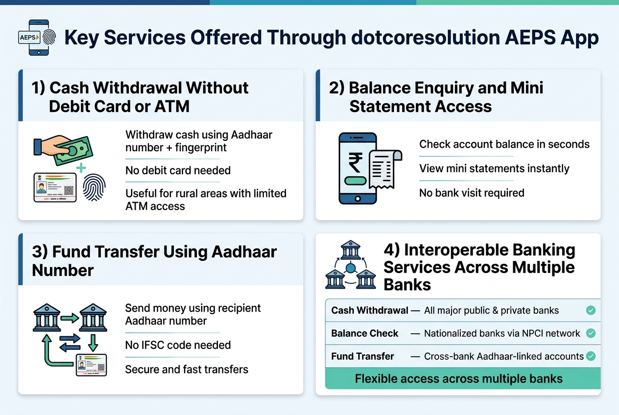 Create a clean professional infographic in a full-bleed landscape layout with aspect ratio 3:2. Use a modern blue, teal, and white color palette with subtle green accents, crisp sans-serif fonts, and strong visual hierarchy.
Top header area across the full width:
Large bold title in dark navy text: "Key Services Offered Through dotcoresolution AEPS App"
Place a small AEPS/fingerprint-and-mobile icon near the title on the left.
Main content arranged in four wide horizontal blocks or columns across the page, not a narrow vertical stack.
1) Left top block:
Heading in bold: "Cash Withdrawal Without Debit Card or ATM"
Use an icon of a hand with cash, a Aadhaar card, and a fingerprint.
Include short supporting text in smaller font:
"Withdraw cash using Aadhaar number + fingerprint"
"No debit card needed"
"Useful for rural areas with limited ATM access"
2) Right top block:
Heading in bold: "Balance Enquiry and Mini Statement Access"
Use an icon of a smartphone with a rupee balance symbol and a receipt/statement.
Include short supporting text in smaller font:
"Check account balance in seconds"
"View mini statements instantly"
"No bank visit required"
3) Left bottom block:
Heading in bold: "Fund Transfer Using Aadhaar Number"
Use an icon of two bank buildings connected by arrows and an Aadhaar card.
Include short supporting text in smaller font:
"Send money using recipient Aadhaar number"
"No IFSC code needed"
"Secure and fast transfers"
4) Right bottom block:
Heading in bold: "Interoperable Banking Services Across Multiple Banks"
Use an icon of multiple bank buildings connected by a network line.
Include a clean mini table or three bullet rows with labels and small check icons:
"Cash Withdrawal — All major public & private banks"
"Balance Check — Nationalized banks via NPCI network"
"Fund Transfer — Cross-bank Aadhaar-linked accounts"
Add a concluding line in a highlighted teal band:
"Flexible access across multiple banks"
Use small numbered markers 1, 2, 3, 4 at the start of each block title. Include thin separators, soft shadows, and balanced spacing. Keep all text sharp, readable, and aligned. Avoid clutter. Make the layout wide and visually structured with the content evenly distributed across the canvas.
