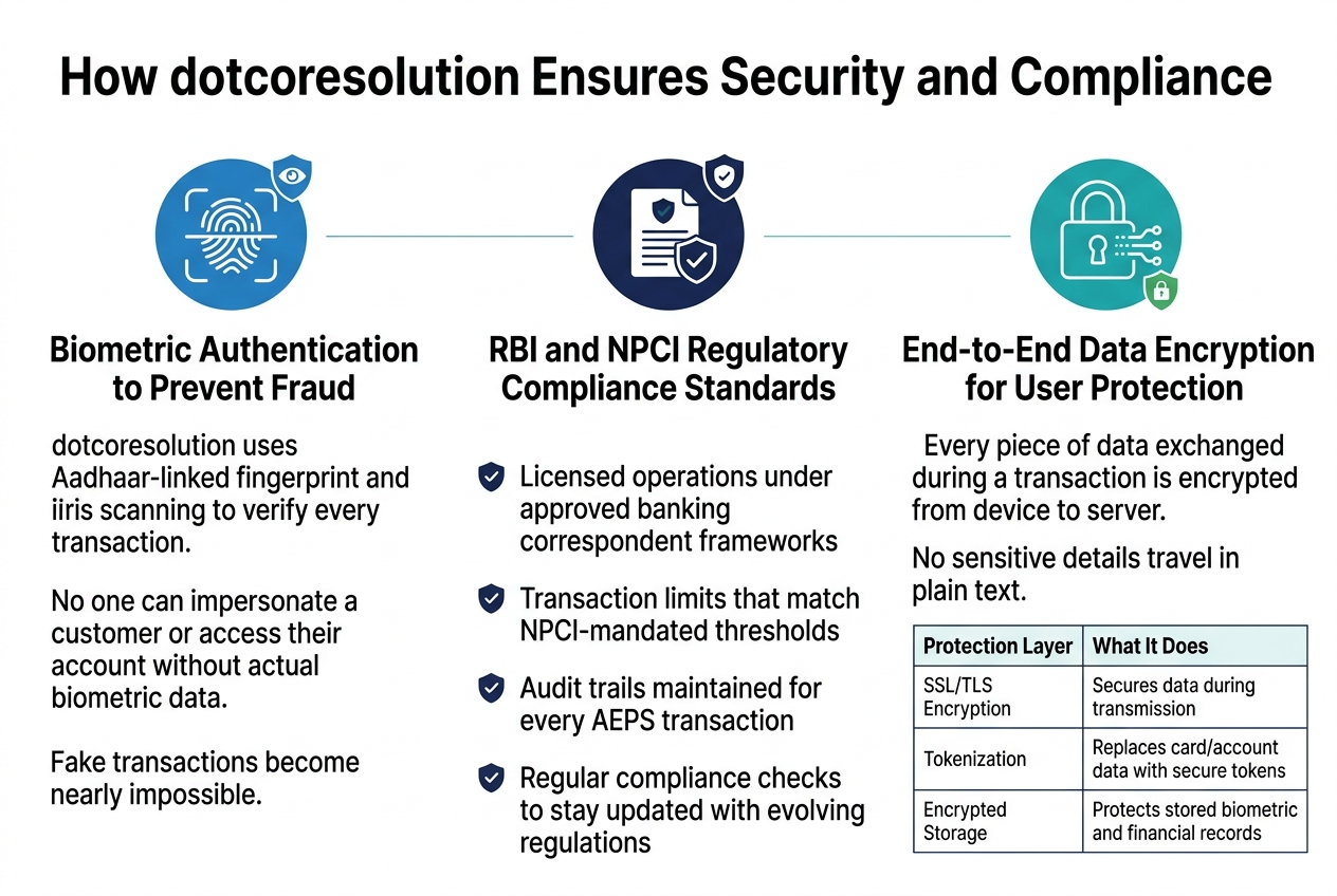 Create a clean, professional infographic illustration in a 3:2 aspect ratio with a full-bleed layout, modern sans-serif typography, and a blue, teal, white, and dark navy color palette with subtle green security accents.
Place a bold title across the top: "How dotcoresolution Ensures Security and Compliance"
Below the title, arrange three wide horizontal sections or three equal columns across the page, each with a clear icon and a heading:
1) Left section: a blue circular biometric icon showing a fingerprint and iris scan.
Heading text: "Biometric Authentication to Prevent Fraud"
Body text in short lines:
"dotcoresolution uses Aadhaar-linked fingerprint and iris scanning to verify every transaction."
"No one can impersonate a customer or access their account without actual biometric data."
"Fake transactions become nearly impossible."
2) Center section: a navy compliance shield icon with a document and checkmark.
Heading text: "RBI and NPCI Regulatory Compliance Standards"
Include four bullet points with small check icons:
"Licensed operations under approved banking correspondent frameworks"
"Transaction limits that match NPCI-mandated thresholds"
"Audit trails maintained for every AEPS transaction"
"Regular compliance checks to stay updated with evolving regulations"
3) Right section: a teal layered lock icon with encrypted data waves.
Heading text: "End-to-End Data Encryption for User Protection"
Body text:
"Every piece of data exchanged during a transaction is encrypted from device to server."
"No sensitive details travel in plain text."
Under this section, add a small three-row table with clean lines and two columns labeled:
"Protection Layer" and "What It Does"
Rows:
"SSL/TLS Encryption" — "Secures data during transmission"
"Tokenization" — "Replaces card/account data with secure tokens"
"Encrypted Storage" — "Protects stored biometric and financial records"
Use clear spacing, strong visual hierarchy, thin divider lines between sections, and small security-themed symbols such as shields, locks, checkmarks, fingerprint lines, and data encryption waves. Keep all text sharp, readable, and exactly as written.