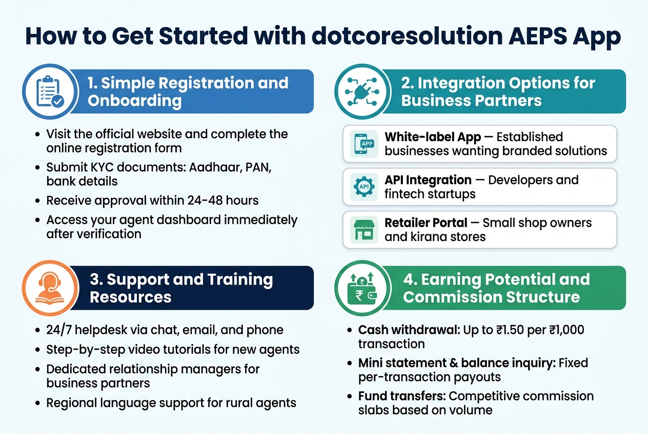 Create a clean, professional infographic illustration in a 3:2 aspect ratio, full-bleed wide layout with no frame, no inset border, and no narrow centered stack. Use a modern corporate style with a white background, blue and teal accents, subtle orange highlights, and dark navy typography. Use bold sans-serif fonts for headings and clear readable sans-serif body text.
Top band across the full width: large bold heading in dark navy text: "How to Get Started with dotcoresolution AEPS App"
Below the heading, arrange four wide horizontal content blocks in a 2x2 grid, each with a colored title bar, a simple icon, and concise bullet points.
Top-left block:
Title bar text: "1. Simple Registration and Onboarding"
Use a blue circular icon with a clipboard and checkmark.
Include these bullet points:
"Visit the official website and complete the online registration form"
"Submit KYC documents: Aadhaar, PAN, bank details"
"Receive approval within 24–48 hours"
"Access your agent dashboard immediately after verification"
Top-right block:
Title bar text: "2. Integration Options for Business Partners"
Use a teal circular icon with connected plug and API nodes.
Inside the block, show three horizontal sub-cards with small icons:
"White-label App — Established businesses wanting branded solutions"
"API Integration — Developers and fintech startups"
"Retailer Portal — Small shop owners and kirana stores"
Bottom-left block:
Title bar text: "3. Support and Training Resources"
Use an orange circular icon with headset and book symbols.
Include these bullet points:
"24/7 helpdesk via chat, email, and phone"
"Step-by-step video tutorials for new agents"
"Dedicated relationship managers for business partners"
"Regional language support for rural agents"
Bottom-right block:
Title bar text: "4. Earning Potential and Commission Structure"
Use a green circular icon with wallet, rupee symbol, and upward arrows.
Include these bullet points:
"Cash withdrawal: Up to ₹1.50 per ₹1,000 transaction"
"Mini statement & balance inquiry: Fixed per-transaction payouts"
"Fund transfers: Competitive commission slabs based on volume