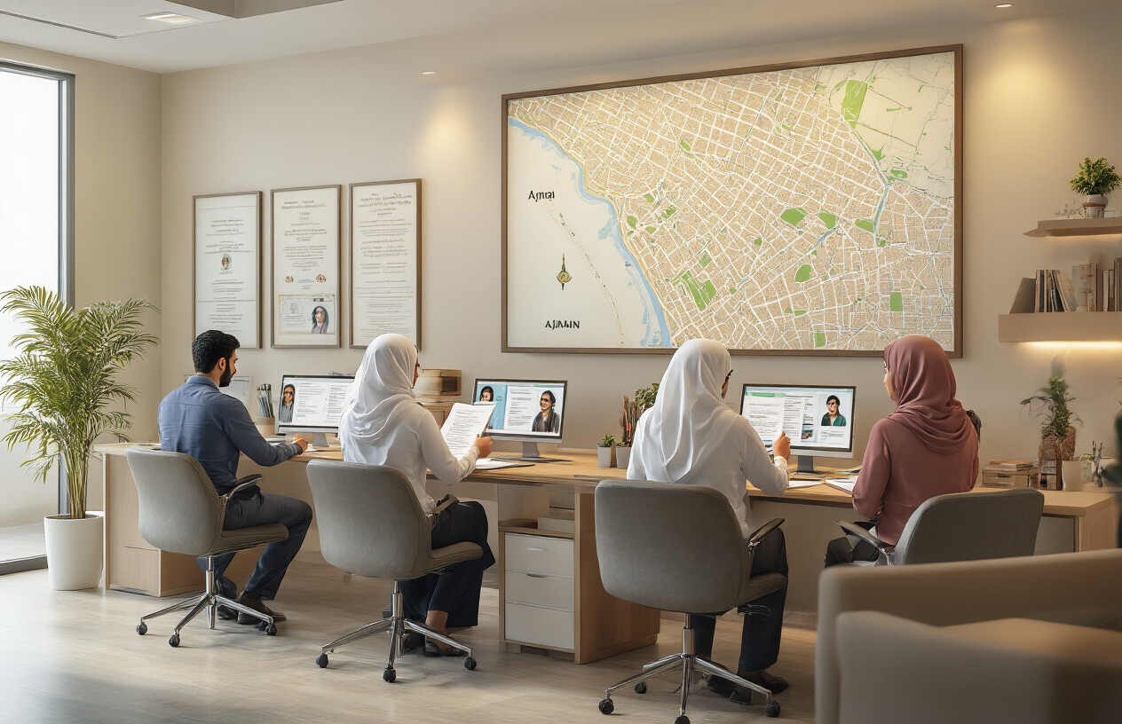 Create a realistic image of a bustling domestic worker agency office in Ajman with Middle Eastern male and female staff members reviewing documents and profiles at modern desks, Arab families consulting with agency representatives, a large wall map of Ajman city in the background, professional certificates and licenses displayed on walls, warm indoor lighting creating a welcoming atmosphere, people engaged in consultation activities, modern office furniture and computers visible, absolutely NO text should be in the scene.