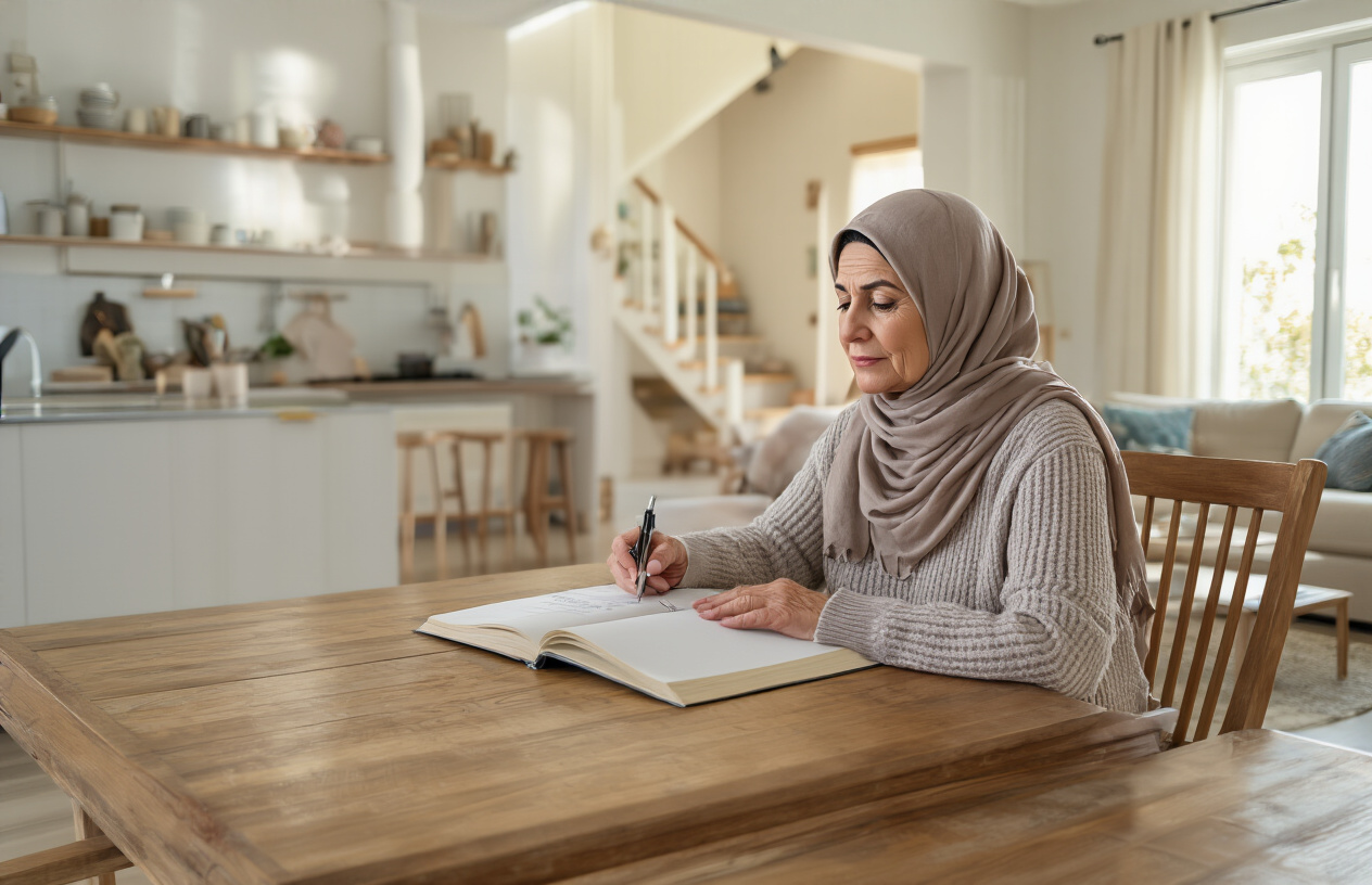 Create a realistic image of a middle-aged Arab woman sitting at a wooden dining table with an open notebook and pen, thoughtfully writing a list while looking around her modern home interior, with visible household areas including a clean kitchen in the background, a living room with furniture, and stairs leading to upper floors, warm natural lighting streaming through windows creating a planning and organizational atmosphere, absolutely NO text should be in the scene.