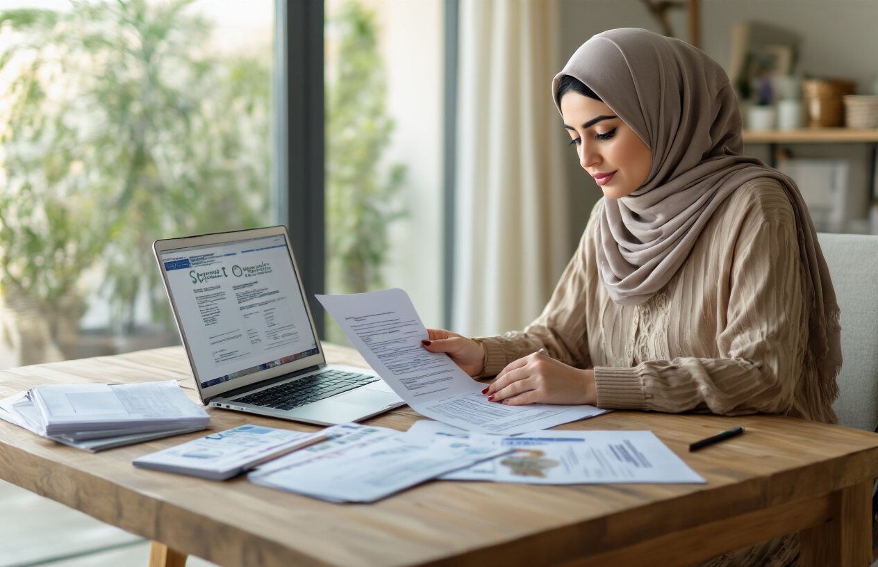 Create a realistic image of a Middle Eastern female homeowner sitting at a wooden desk reviewing documents and business cards from domestic worker agencies, with her laptop open showing professional service websites, a notepad with handwritten notes nearby, and brochures from reputable staffing companies spread across the desk, set in a bright modern home office with natural lighting from a window, conveying a sense of careful research and due diligence in finding trustworthy domestic worker sources, absolutely NO text should be in the scene.
