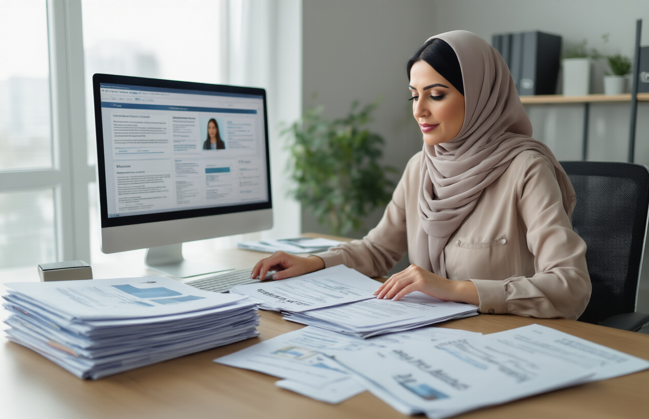 Create a realistic image of a professional office setting with a middle-aged Arab female HR manager sitting at a modern desk reviewing documents and folders, with a stack of resumes, background check papers, and reference letters spread across the desk, complemented by a computer screen displaying candidate profiles, set against a clean modern office backdrop with soft natural lighting from a window, conveying a thorough and professional screening atmosphere, absolutely NO text should be in the scene.