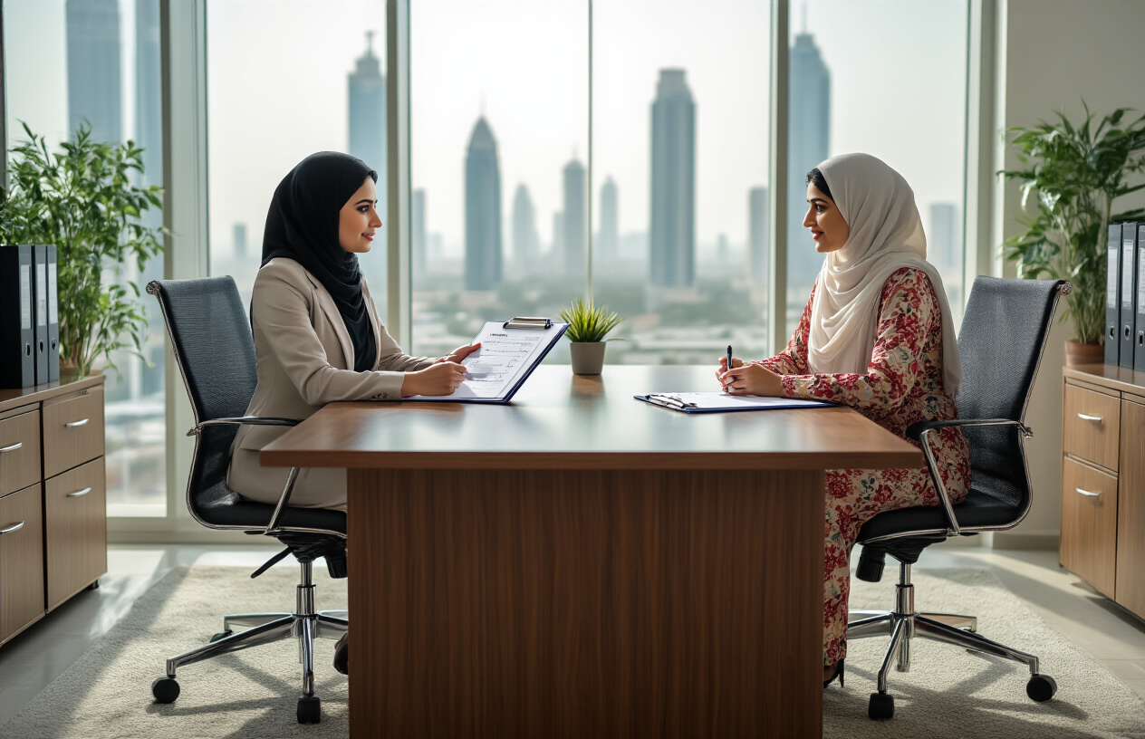 Create a realistic image of a professional interview setting in a modern office in Ajman, featuring a Middle Eastern female HR manager in business attire sitting across from a South Asian female domestic worker candidate at a polished wooden desk, with the interviewer holding a clipboard with assessment forms, both women engaged in conversation, natural lighting from large windows showing the cityscape of Ajman, clean and organized office environment with filing cabinets and plants in the background, professional and welcoming atmosphere, absolutely NO text should be in the scene.
