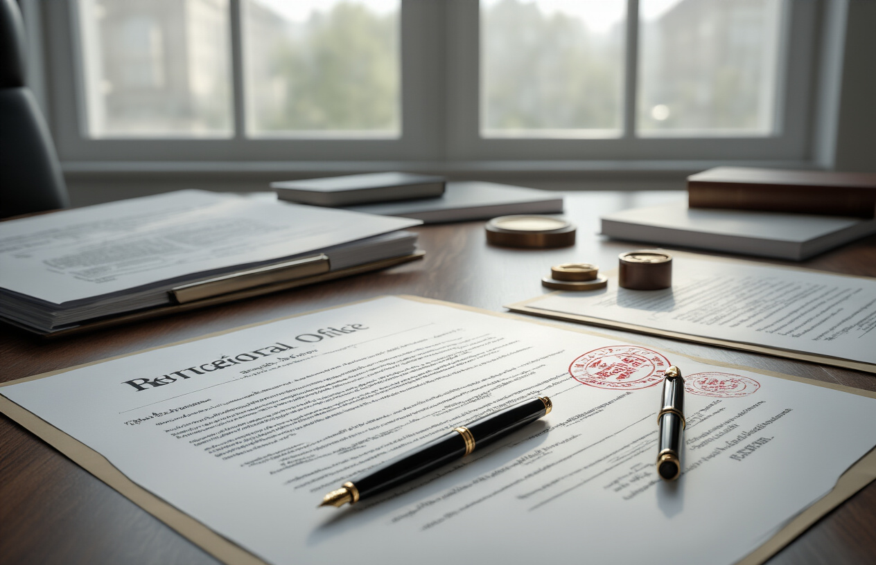 Create a realistic image of a professional office desk scene with legal documents, contracts, and paperwork spread out, featuring a black fountain pen, official stamps, and legal folders, with a clean modern office background, soft natural lighting from a window, creating a formal business atmosphere for document preparation and legal compliance processes, absolutely NO text should be in the scene.