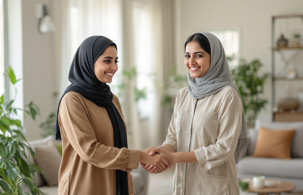 Create a realistic image of a warm, professional handshake between a Middle Eastern female employer and a South Asian female domestic worker in a modern, well-lit home living room, both women smiling genuinely with expressions of mutual respect and trust, comfortable furniture and plants in the background creating a welcoming atmosphere, soft natural lighting from windows suggesting a positive long-term partnership, absolutely NO text should be in the scene.