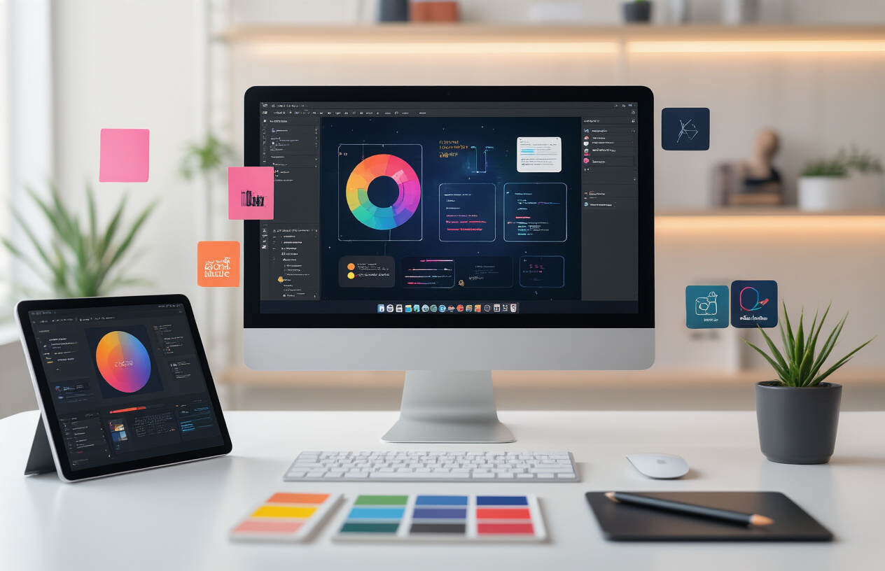 Create a realistic image of a modern digital workspace showcasing AI design capabilities with a sleek computer monitor displaying colorful design interface with various creative tools, icons, and design elements floating around the screen, surrounded by contemporary office setup with minimalist desk, stylus tablet, color swatches, and soft ambient lighting creating a professional creative atmosphere, absolutely NO text should be in the scene.