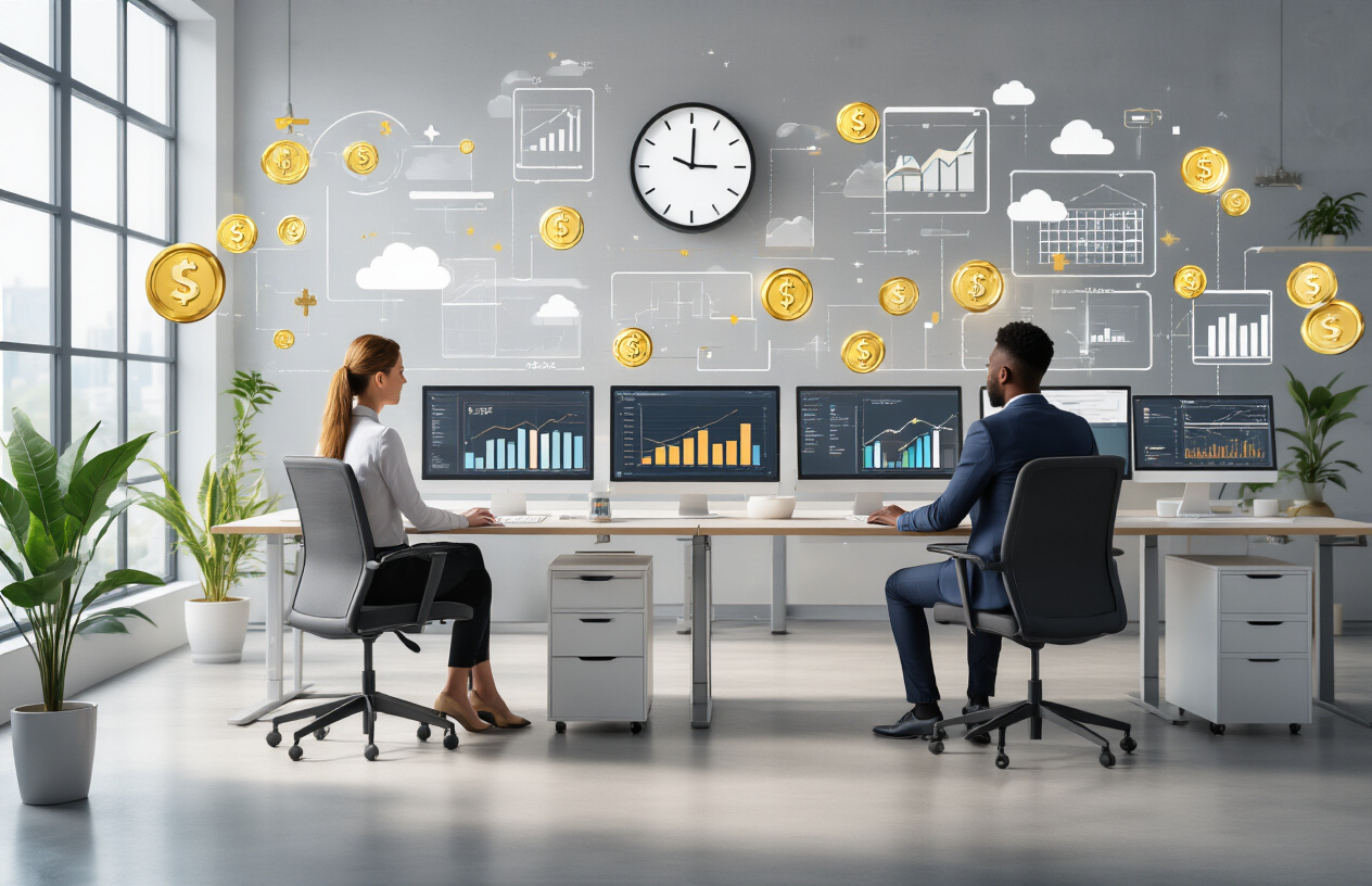 Create a realistic image of a modern business office environment showing efficiency and cost-saving elements, featuring a diverse group of professionals including a white female manager and a black male employee working collaboratively at sleek workstations with multiple computer monitors displaying charts and graphs, surrounded by organized digital workflow elements like cloud computing icons floating subtly in the air, modern minimalist furniture, natural lighting streaming through large windows, with visual representations of time and money savings such as a prominent wall clock and subtle golden coin-like elements integrated into the scene's lighting, all set against a clean contemporary office backdrop with plants and professional atmosphere, absolutely NO text should be in the scene.