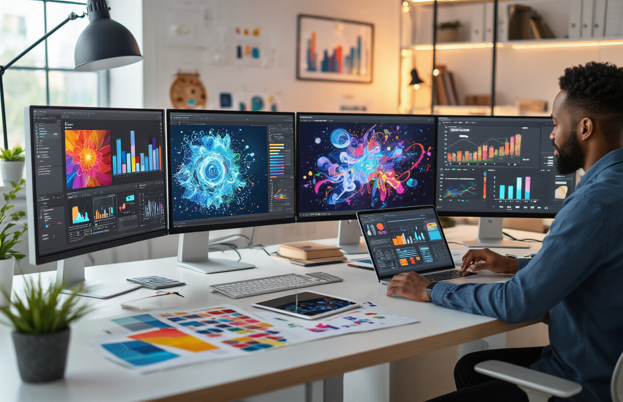 Create a realistic image of a modern office workspace with multiple computer screens displaying colorful digital artwork, AI-generated designs, and creative graphics, featuring a diverse group including a white female designer and a black male entrepreneur collaborating at a sleek desk, with charts showing upward revenue trends visible on a tablet, warm professional lighting illuminating the creative studio environment with design tools, color palettes, and digital art samples scattered around, conveying innovation and business success in the creative industry, absolutely NO text should be in the scene.