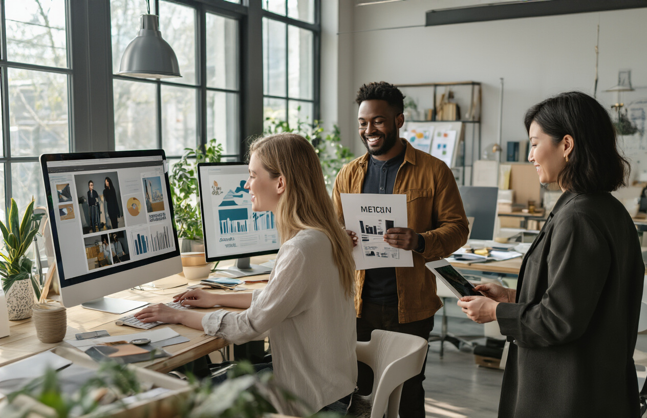 Create a realistic image of diverse people celebrating their achievements in a modern creative studio space, showing a white female designer at a computer displaying portfolio work, a black male entrepreneur holding printed marketing materials with a satisfied expression, and an Asian female business owner reviewing successful project outcomes on a tablet, with natural lighting streaming through large windows, contemporary workspace furniture, and plants in the background creating an inspiring and professional atmosphere, absolutely NO text should be in the scene.