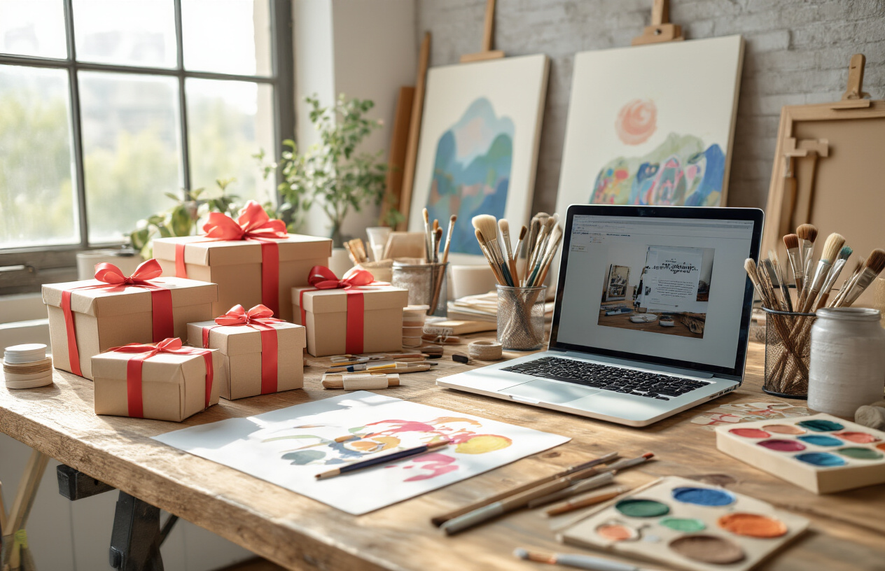 Create a realistic image of a modern creative studio workspace with art supplies, design tools, and craft materials neatly arranged on a wooden desk, featuring gift boxes with ribbons, workshop materials like brushes and canvases scattered around, a laptop displaying a training interface, warm natural lighting streaming through a window, creating an inviting and educational atmosphere that suggests creative learning opportunities, with soft shadows and a clean, organized background. Absolutely NO text should be in the scene.