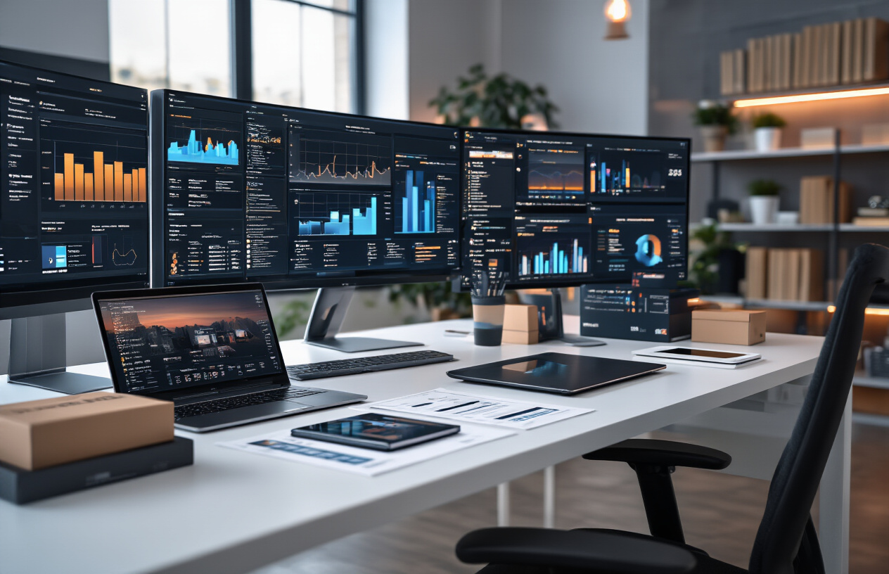 Create a realistic image of a complete software bundle displayed on a modern desk setup featuring multiple computer screens showing various dashboard interfaces, a sleek laptop, organized software boxes or packages, and professional documentation spread neatly across a clean white desk, with warm ambient lighting creating a professional business atmosphere, emphasizing transparency and completeness with all components clearly visible and organized, absolutely NO text should be in the scene.