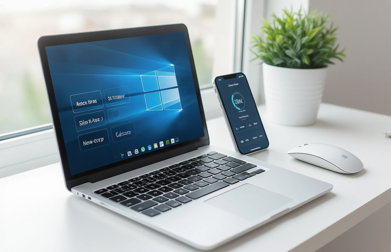 Create a realistic image of a modern laptop computer screen displaying a clean dashboard interface with instant access buttons and quick-start icons, positioned on a sleek white desk with a wireless mouse nearby, accompanied by a smartphone showing a mobile app interface, with soft natural lighting from a window creating a bright and efficient workspace atmosphere, conveying ease of use and immediate availability of digital tools, absolutely NO text should be in the scene.