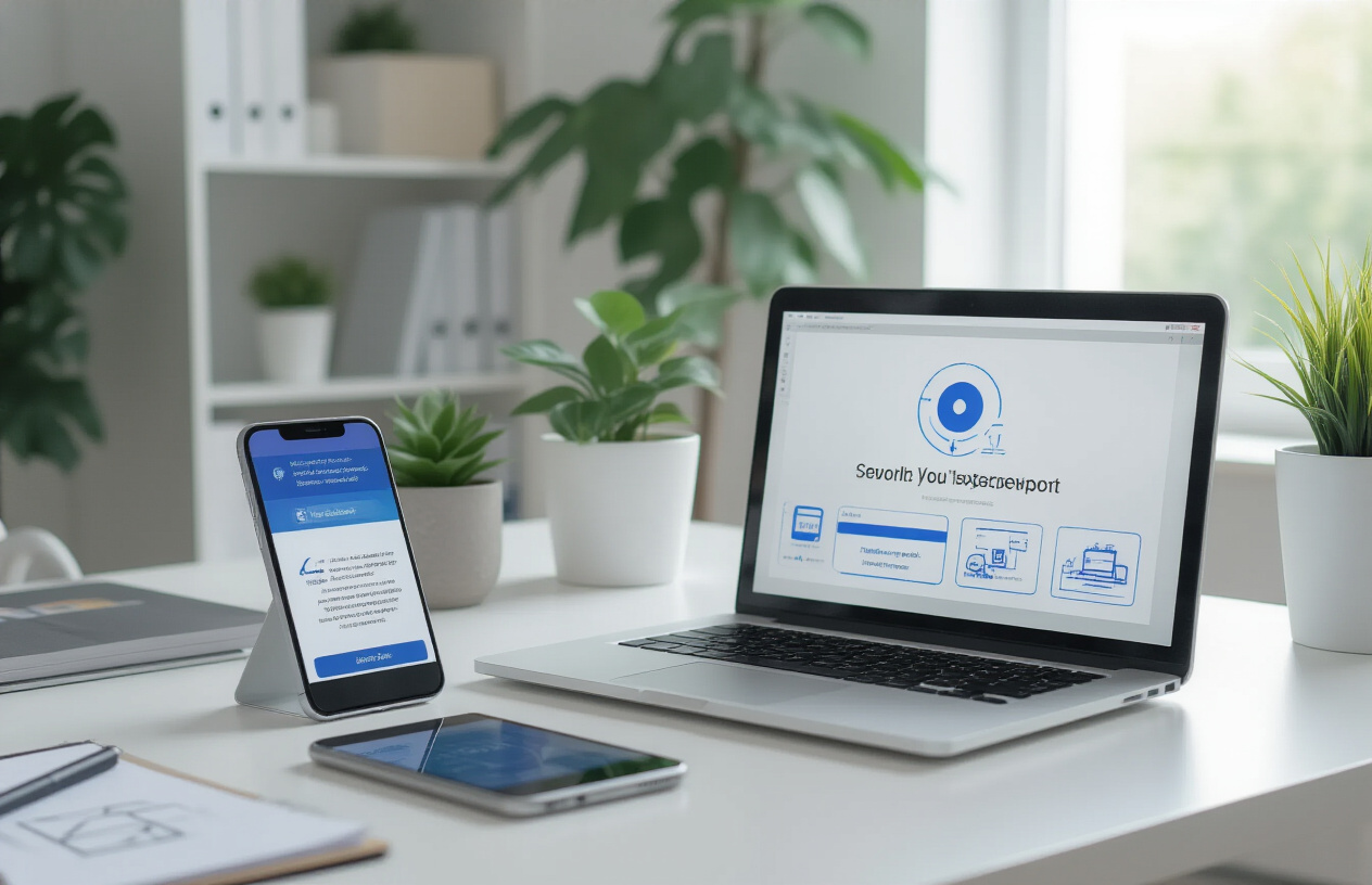 Create a realistic image of a modern, clean computer workspace showing a user-friendly software interface on a laptop screen with intuitive icons and simplified navigation elements, surrounded by helpful support materials like a smartphone displaying a chat support conversation, a tablet with tutorial guides, and a notepad with simple sketched diagrams, all arranged on a bright white desk in a well-lit office environment with soft natural lighting from a window, conveying accessibility and ease of use for beginners, absolutely NO text should be in the scene.