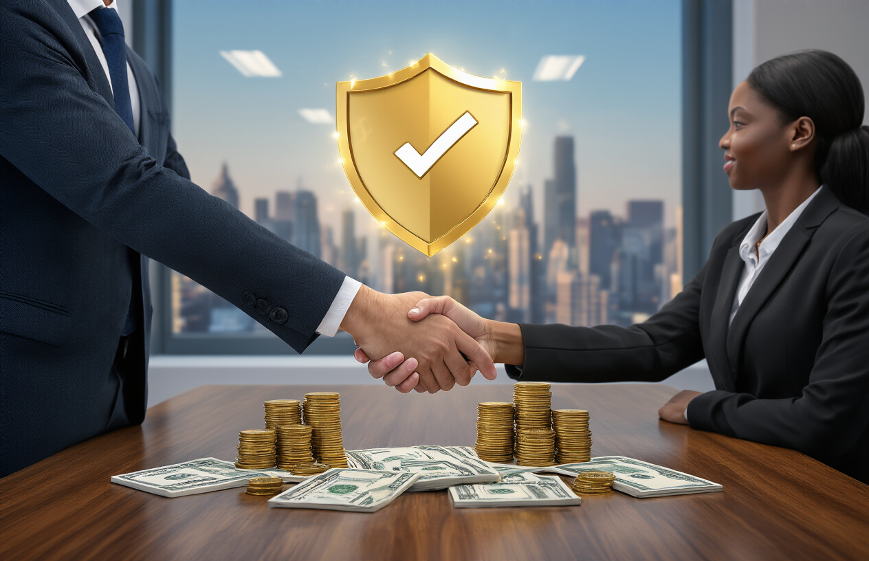 Create a realistic image of a professional business handshake between a white male businessman in a dark suit and a black female entrepreneur in professional attire, with a golden shield symbol with a checkmark floating above their hands, surrounded by stacks of coins and dollar bills on a polished wooden desk, bright office lighting with large windows in the background showing a city skyline, conveying trust and financial security, absolutely NO text should be in the scene.