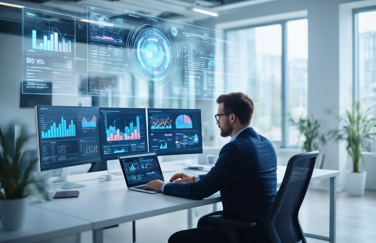 Create a realistic image of a modern office setting with a white male business consultant sitting at a sleek desk working on a laptop computer, multiple digital screens displaying colorful data charts, graphs, and analytical dashboards in the background, futuristic holographic-style data visualizations floating above the desk, clean contemporary office environment with soft natural lighting from large windows, professional atmosphere with blues and whites color scheme, showing AI-powered business analysis in progress, absolutely NO text should be in the scene.