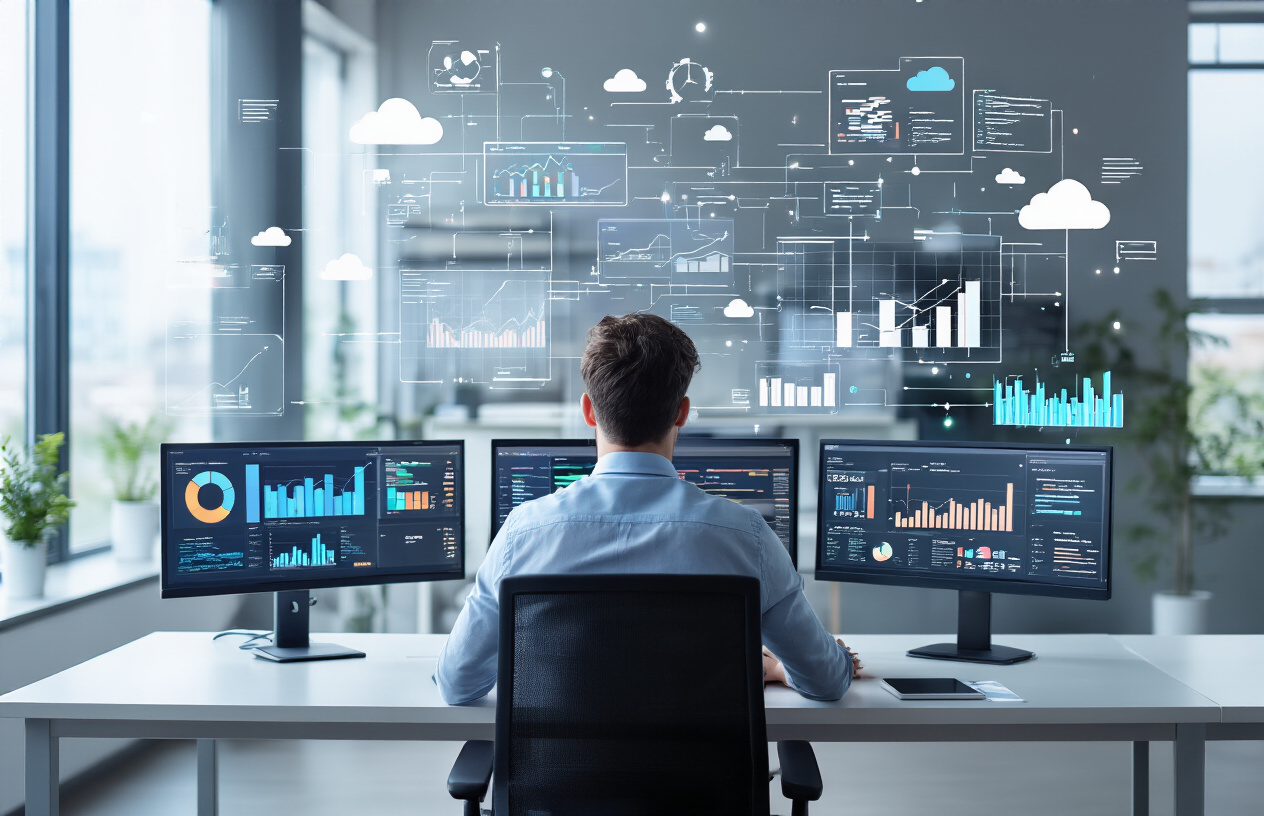 Create a realistic image of a modern office workspace featuring a sleek computer setup with multiple monitors displaying colorful data visualizations, charts, and analytics dashboards, with floating digital data streams and cloud icons surrounding the screens, a white male consultant in business casual attire sitting at the desk analyzing the information, clean minimalist office environment with natural lighting from large windows, conveying efficiency and technological advancement in data processing, absolutely NO text should be in the scene.