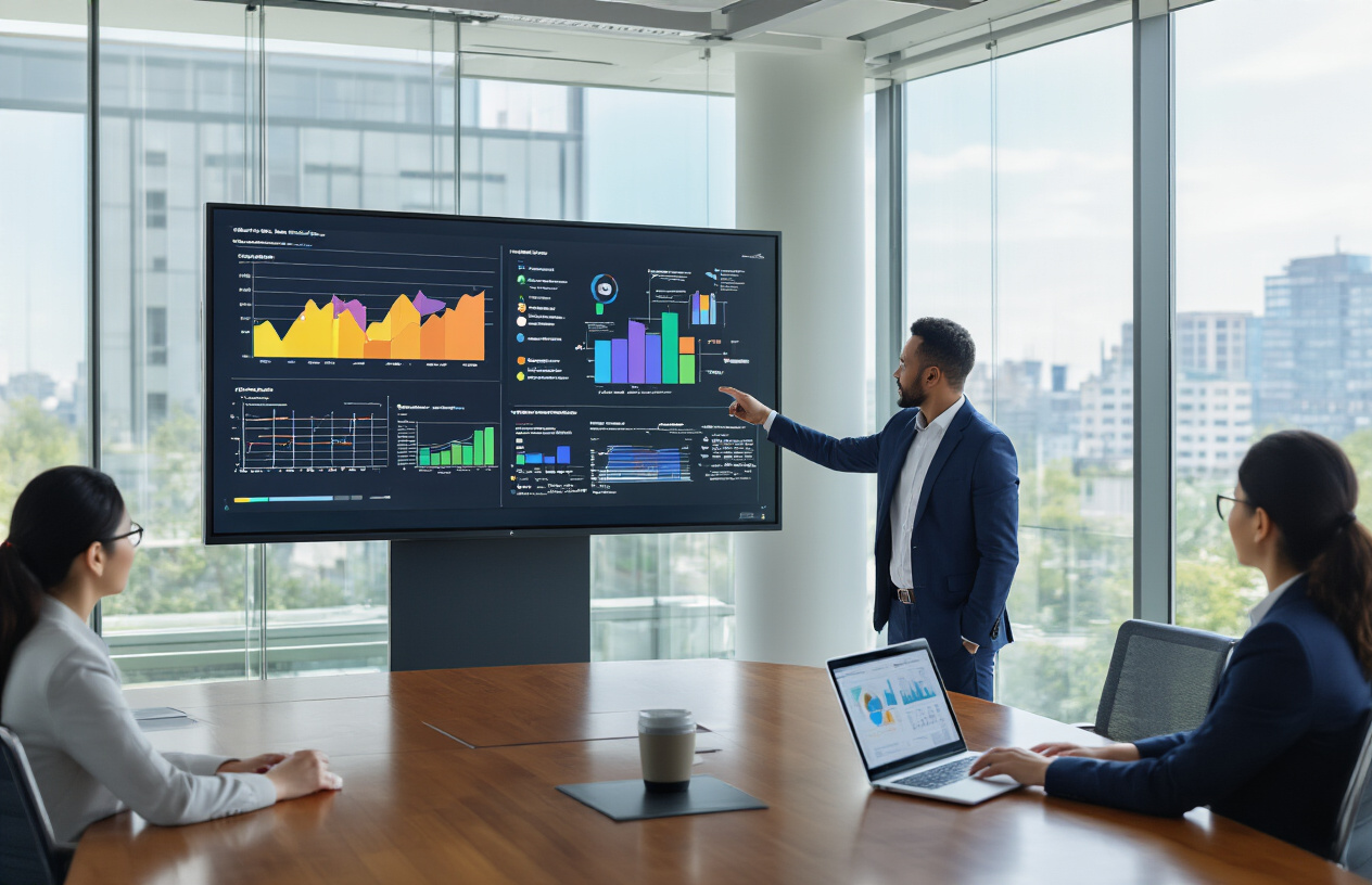 Create a realistic image of a modern office conference room with a large interactive digital whiteboard displaying colorful strategic planning charts, flowcharts, and data visualizations, a sleek laptop open on a polished wooden conference table showing AI analytics dashboard, a white male business consultant in his 40s wearing a navy suit pointing at the digital board while presenting to two small business owners - a black female and an Asian male both in professional attire sitting at the table, bright natural lighting from large windows, clean contemporary office environment with glass walls, professional and collaborative atmosphere, absolutely NO text should be in the scene.