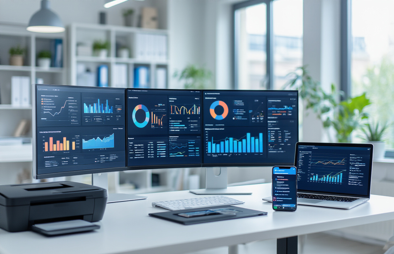 Create a realistic image of a modern office setting with automated dashboards and reports displayed on multiple computer screens showing colorful charts, graphs, and data visualizations, a sleek laptop open with communication software interface visible, smartphone displaying notification alerts, wireless printer producing professional reports, clean white desk surface with organized digital devices, soft natural lighting from large windows, minimalist professional atmosphere with blue and white color scheme, background showing blurred office environment, absolutely NO text should be in the scene.