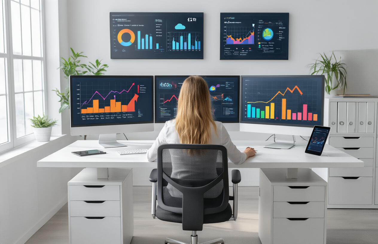 Create a realistic image of a modern small business office setting with a white female consultant working at a sleek desk with dual monitors displaying colorful charts and graphs showing downward cost arrows and upward efficiency metrics, surrounded by AI-powered devices like tablets and smart displays, with a clean minimalist background featuring filing cabinets being replaced by cloud storage symbols, bright natural lighting from large windows creating an optimistic productive atmosphere, absolutely NO text should be in the scene.