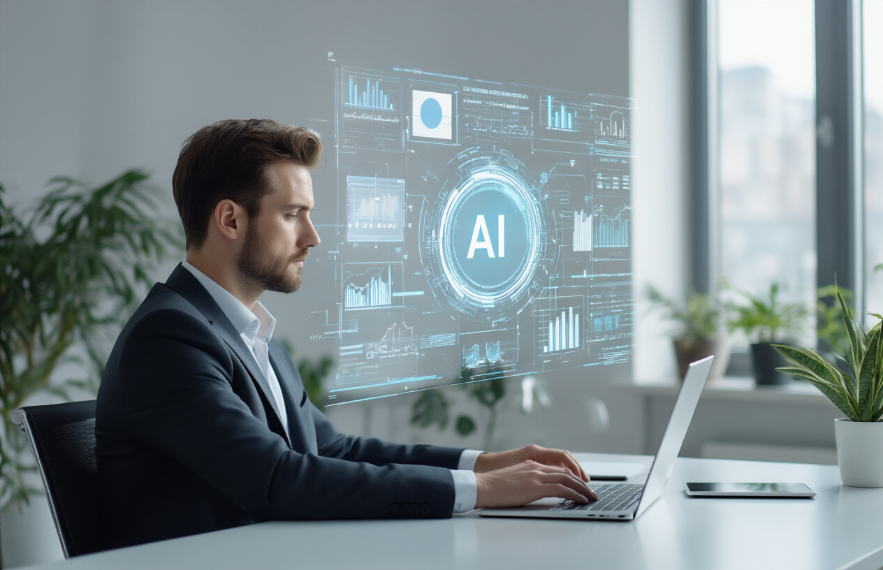 Create a realistic image of a modern office setting with a white male business consultant in a suit sitting at a sleek desk working on a laptop, with holographic AI interface elements and data visualizations floating above the screen, surrounded by subtle tech elements like tablets and smartphones, soft natural lighting from large windows, clean minimalist background with plants, conveying a professional and innovative atmosphere of technology-enhanced business consulting, absolutely NO text should be in the scene.