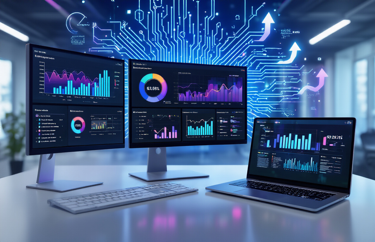 Create a realistic image of a modern digital marketing workspace featuring multiple computer monitors displaying colorful data visualization dashboards with graphs, charts, and performance metrics, a sleek laptop showing campaign analytics, AI circuit board patterns subtly integrated into the background, futuristic blue and purple lighting creating a high-tech atmosphere, professional workspace setting with clean minimalist design, upward trending arrows and performance indicators visible on screens, absolutely NO text should be in the scene.