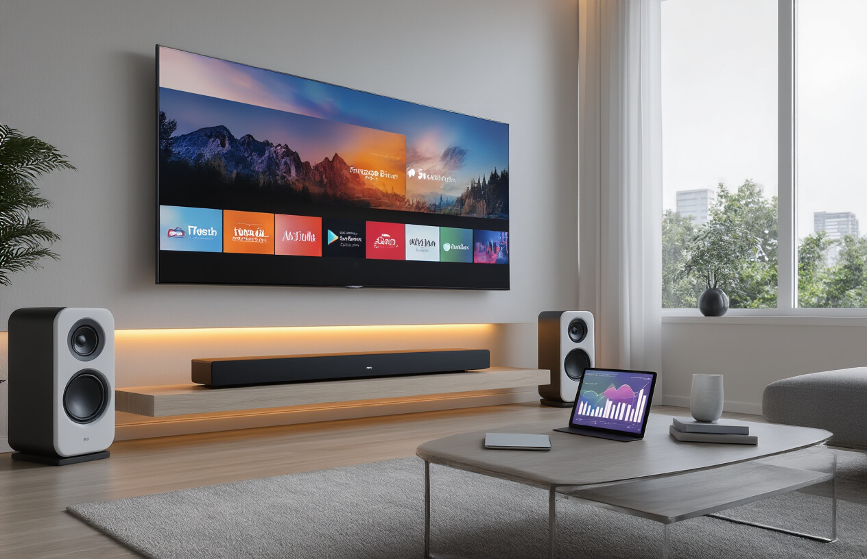 Create a realistic image of a modern living room with a large smart TV mounted on the wall displaying colorful streaming content, sleek wireless speakers positioned around the room, a contemporary sound bar beneath the TV, and subtle LED ambient lighting, with a minimalist coffee table holding a tablet showing advertising analytics graphs, all set in a clean, tech-forward environment with soft natural lighting from a window, absolutely NO text should be in the scene.