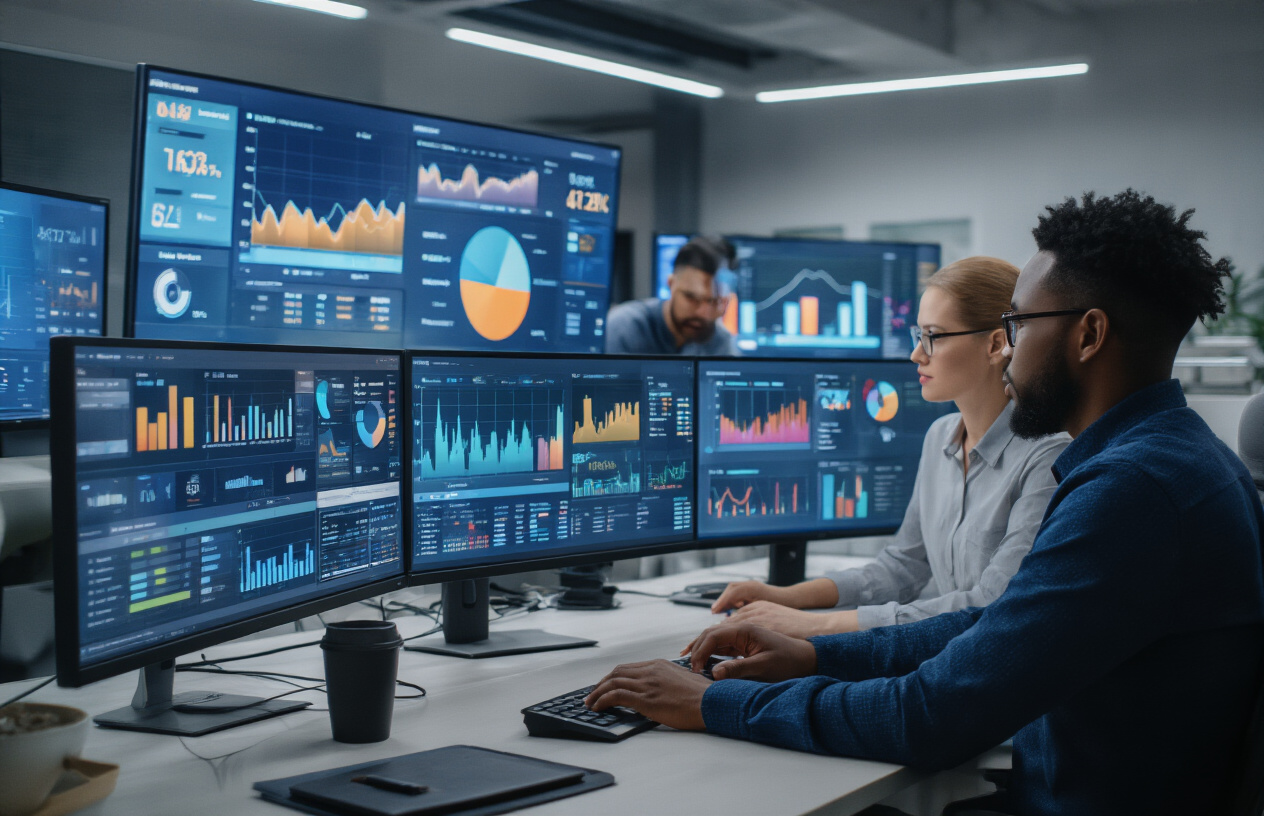 Create a realistic image of a modern digital marketing workspace showing multiple computer monitors displaying real-time analytics dashboards with colorful graphs, engagement metrics, and personalization data streams, featuring a diverse group of media buyers including a white female and black male professional analyzing the data, surrounded by sleek office environment with contemporary lighting, digital screens showing user interaction patterns and conversion rates, professional atmosphere with focus on technology and data visualization, absolutely NO text should be in the scene.