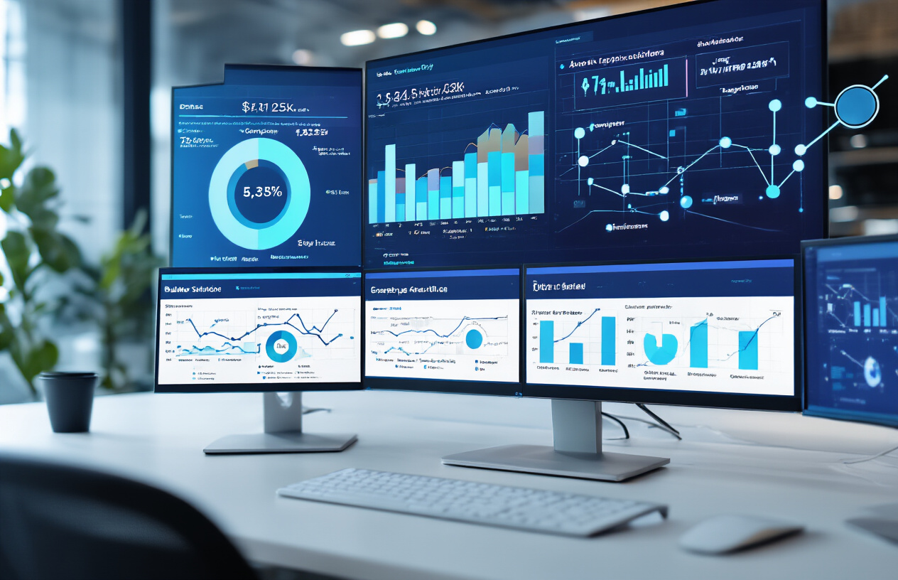 Create a realistic image of a modern analytics dashboard displayed on multiple computer monitors showing colorful data visualizations, charts, graphs, and attribution funnel diagrams representing campaign performance metrics, with a sleek office environment in the background featuring soft blue lighting, clean workspace aesthetic, and subtle digital advertising iconography like connected nodes and conversion paths flowing across the screens, absolutely NO text should be in the scene.