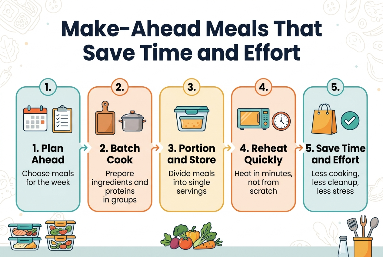 Full-bleed clean professional infographic, aspect ratio 3:2, wide horizontal layout with no borders or poster frame. Large bold शीर्ष heading at the top center in dark navy text: "Make-Ahead Meals That Save Time and Effort". Bright modern kitchen color palette with teal, orange, warm yellow, and soft gray accents. Use a white background with subtle food-themed patterns and rounded rectangular content blocks. Across the middle, create five evenly spaced horizontal sections or cards with numbered circles and clear icons: 1. Left section: a calendar icon and clipboard icon, with the text "1. Plan Ahead" and smaller text below: "Choose meals for the week". 2. Second section: a cutting board and pot icon, with the text "2. Batch Cook" and smaller text below: "Prepare ingredients and proteins in groups". 3. Center section: a freezer container icon, with the text "3. Portion and Store" and smaller text below: "Divide meals into single servings". 4. Fourth section: a microwave and clock icon, with the text "4. Reheat Quickly" and smaller text below: "Heat in minutes, not from scratch". 5. Right section: a shopping bag and checkmark icon, with the text "5. Save Time and Effort" and smaller text below: "Less cooking, less cleanup, less stress". Use bold sans-serif font for headings, smaller readable sans-serif font for subtext, strong visual hierarchy, and consistent icon style. Include subtle arrows connecting the sections from left to right. Add small accent illustrations of prepared meal containers, vegetables, and utensils near the bottom edge. Keep all text crisp, aligned, and clearly legible.