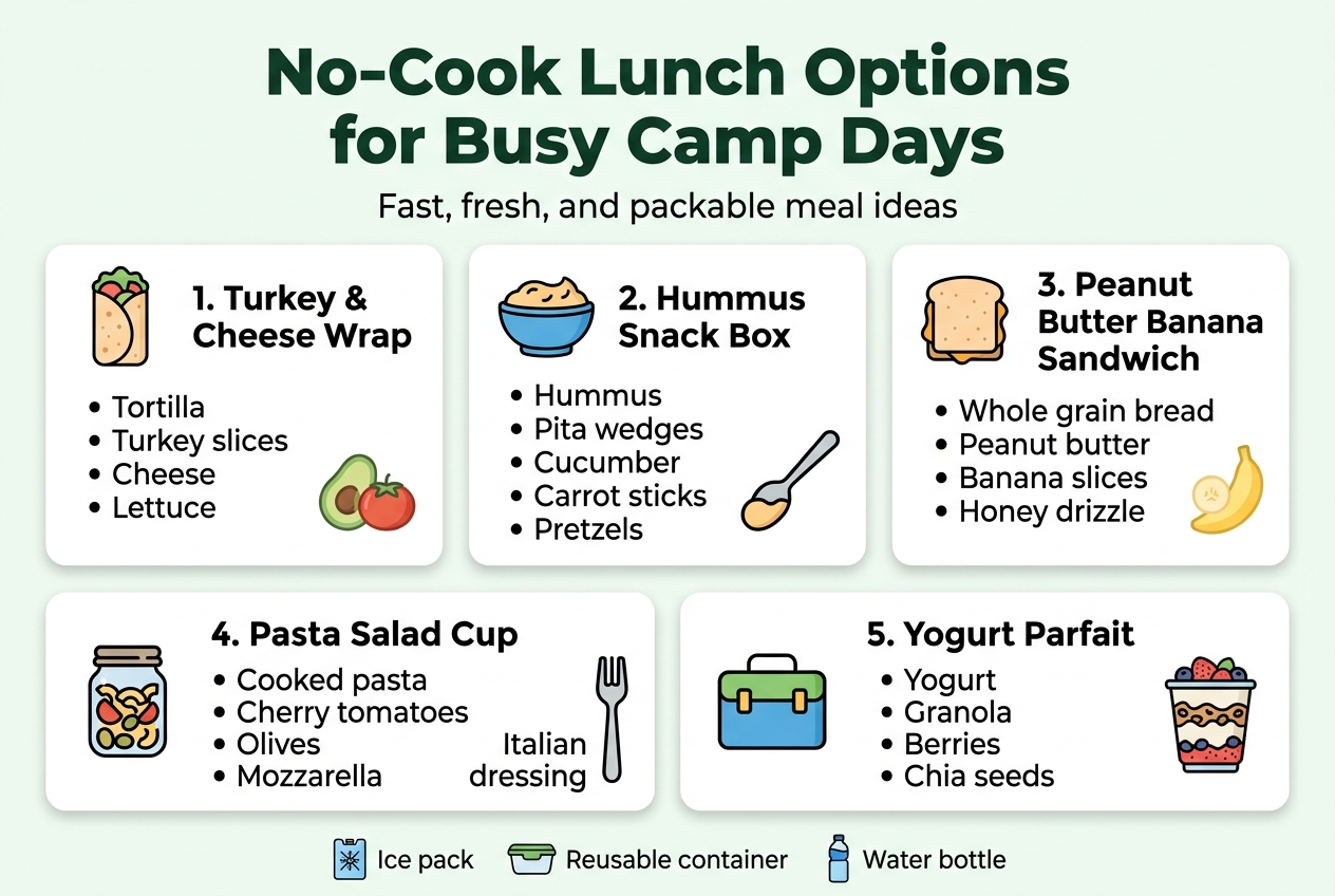 Create a full-bleed 3:2 landscape infographic titled "No-Cook Lunch Options for Busy Camp Days" with a clean, bright outdoor-camp style. Use a white background with green, blue, and warm orange accents, modern sans-serif fonts, and strong visual hierarchy. Place the bold title across the top center in dark green, with a small subtitle below in lighter text: "Fast, fresh, and packable meal ideas". Arrange the main content in five wide horizontal cards across the middle and lower area, using a 2-row layout with clean spacing, rounded corners, and simple line icons. Card 1 on the upper left: a wrap icon and the heading "1. Turkey & Cheese Wrap" with smaller bullet text "Tortilla", "Turkey slices", "Cheese", "Lettuce". Add a small avocado or tomato accent. Card 2 on the upper center: a bowl icon and the heading "2. Hummus Snack Box" with smaller bullet text "Hummus", "Pita wedges", "Cucumber", "Carrot sticks", "Pretzels". Include a dipping spoon icon. Card 3 on the upper right: a sandwich icon and the heading "3. Peanut Butter Banana Sandwich" with smaller bullet text "Whole grain bread", "Peanut butter", "Banana slices", "Honey drizzle". Add a banana slice graphic. Card 4 on the lower left: a jar icon and the heading "4. Pasta Salad Cup" with smaller bullet text "Cooked pasta", "Cherry tomatoes", "Olives", "Mozzarella", "Italian dressing". Include a fork icon. Card 5 on the lower right: a lunchbox icon and the heading "5. Yogurt Parfait" with smaller bullet text "Yogurt", "Granola", "Berries", "Chia seeds". Add layered parfait visuals. Place a small bottom strip with three simple icons and short labels: "Ice pack", "Reusable container", "Water bottle". Use neat alignment, soft shadows, and a polished infographic layout with no frame or border.