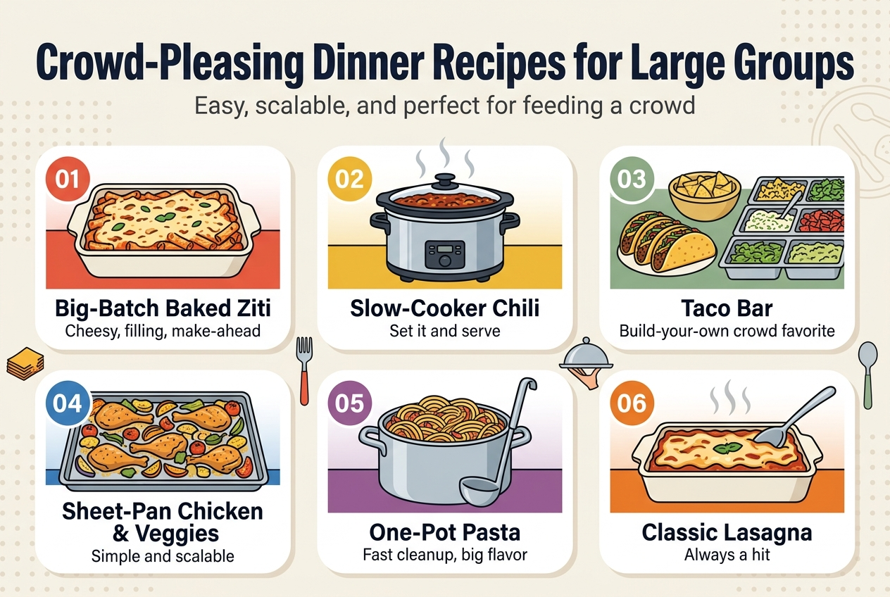 Full-bleed 3:2 horizontal infographic illustration, clean modern editorial style, bright warm kitchen colors with navy, tomato red, golden yellow, and sage green accents, crisp sans-serif typography, strong visual hierarchy. Top across the full width: large bold heading in dark navy text, exact text: "Crowd-Pleasing Dinner Recipes for Large Groups" Directly under the heading, a smaller subtitle in medium gray text: "Easy, scalable, and perfect for feeding a crowd" Main layout: a wide 2-row by 3-column grid of six rounded recipe cards spanning the center and lower area, with ample spacing and no inset poster frame. Card 1, top left: numbered badge "01" in a red circle, illustration of a large baked pasta dish, exact text: "Big-Batch Baked Ziti" and smaller line "Cheesy, filling, make-ahead" Card 2, top center: numbered badge "02" in a yellow circle, illustration of a slow cooker with steam, exact text: "Slow-Cooker Chili" and smaller line "Set it and serve" Card 3, top right: numbered badge "03" in a green circle, illustration of tacos and toppings in serving trays, exact text: "Taco Bar" and smaller line "Build-your-own crowd favorite" Card 4, bottom left: numbered badge "04" in a blue circle, illustration of a sheet pan with chicken and vegetables, exact text: "Sheet-Pan Chicken & Veggies" and smaller line "Simple and scalable" Card 5, bottom center: numbered badge "05" in a purple circle, illustration of a large pot of pasta with ladle, exact text: "One-Pot Pasta" and smaller line "Fast cleanup, big flavor" Card 6, bottom right: numbered badge "06" in an orange circle, illustration of a casserole dish with serving spoon, exact text: "Classic Lasagna" and smaller line "Always a hit" Include small food icons between cards: fork, spoon, serving tray, and steam lines. Use subtle background pattern of faint dots and kitchen utensil outlines. Keep the layout wide, balanced, and professional, with clear text readability and vibrant appetizing food illustrations.