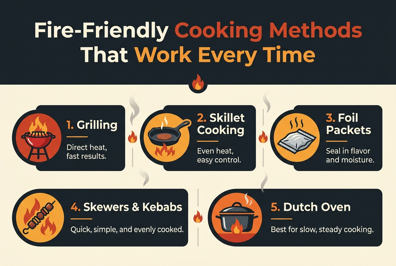 Create a clean, professional full-bleed infographic in a 3:2 aspect ratio about fire-friendly cooking methods. Use a warm color palette of deep charcoal, ember red, orange, golden yellow, and cream, with modern sans-serif fonts and strong visual hierarchy. Top center: large bold heading in white and ember orange text: "Fire-Friendly Cooking Methods That Work Every Time" Below the heading, arrange five wide horizontal numbered sections across the canvas in a balanced 2-row layout, with clear spacing and no narrow vertical stack. Each section should have a colorful circular icon on the left, a bold method title, and one short support line underneath. Section 1, left side: red grill icon with flames. Text: "1. Grilling" and smaller text: "Direct heat, fast results." Section 2, upper center: cast iron skillet icon over flames. Text: "2. Skillet Cooking" and smaller text: "Even heat, easy control." Section 3, upper right: foil packet icon with steam lines. Text: "3. Foil Packets" and smaller text: "Seal in flavor and moisture." Section 4, lower left: skewers over fire icon. Text: "4. Skewers & Kebabs" and smaller text: "Quick, simple, and evenly cooked." Section 5, lower right: Dutch oven icon with lid and flame. Text: "5. Dutch Oven" and smaller text: "Best for slow, steady cooking." Add small flame markers and subtle smoke accents between sections for visual continuity. Use clean white text on dark panels, with orange highlights for numbering and key words. Keep the layout wide, organized, and easy to read, with all elements visible on one screen.