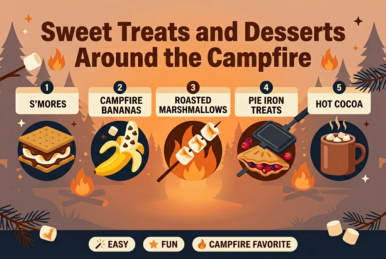 Full-bleed infographic illustration in aspect ratio 3:2, warm outdoor camping theme, clean professional layout, wide horizontal composition with multiple sections, bold modern sans-serif typography. Top center: large bold title in dark toasted-brown text, “Sweet Treats and Desserts Around the Campfire”. Background: subtle twilight campsite with pine silhouettes, glowing campfire embers, soft orange and amber light, no frame, no inset margins. Across the middle, arrange 5 evenly spaced horizontal feature blocks with numbered labels and clear food icons: 1. Left block: “S’MORES” with a graham cracker, melted chocolate, and toasted marshmallow icon, golden brown colors. 2. Left-center block: “CAMPFIRE BANANAS” with a peeled banana topped with chocolate chips and marshmallow icon, bright yellow and chocolate accents. 3. Center block: “ROASTED MARSHMALLOWS” with a skewer over flames and three toasted marshmallows icon, warm white and caramel tones. 4. Right-center block: “PIE IRON TREATS” with a pressed pie iron sandwich icon showing fruit filling, dark metal and red berry colors. 5. Right block: “HOT COCOA” with a steaming mug icon, cocoa brown mug, creamy marshmallow topping, soft steam lines. Bottom band: small caption strip with three short callouts in pill-shaped boxes, left to right: “EASY”, “FUN”, “CAMPFIRE FAVORITE”, each with tiny spark, star, and flame icons. Use a palette of warm oranges, cocoa browns, cream, gold, and deep navy. Add small decorative stars, flames, marshmallows, and pine branch accents around sections. Keep spacing balanced, text crisp and legible, icons flat and slightly stylized, infographic style, polished and inviting.