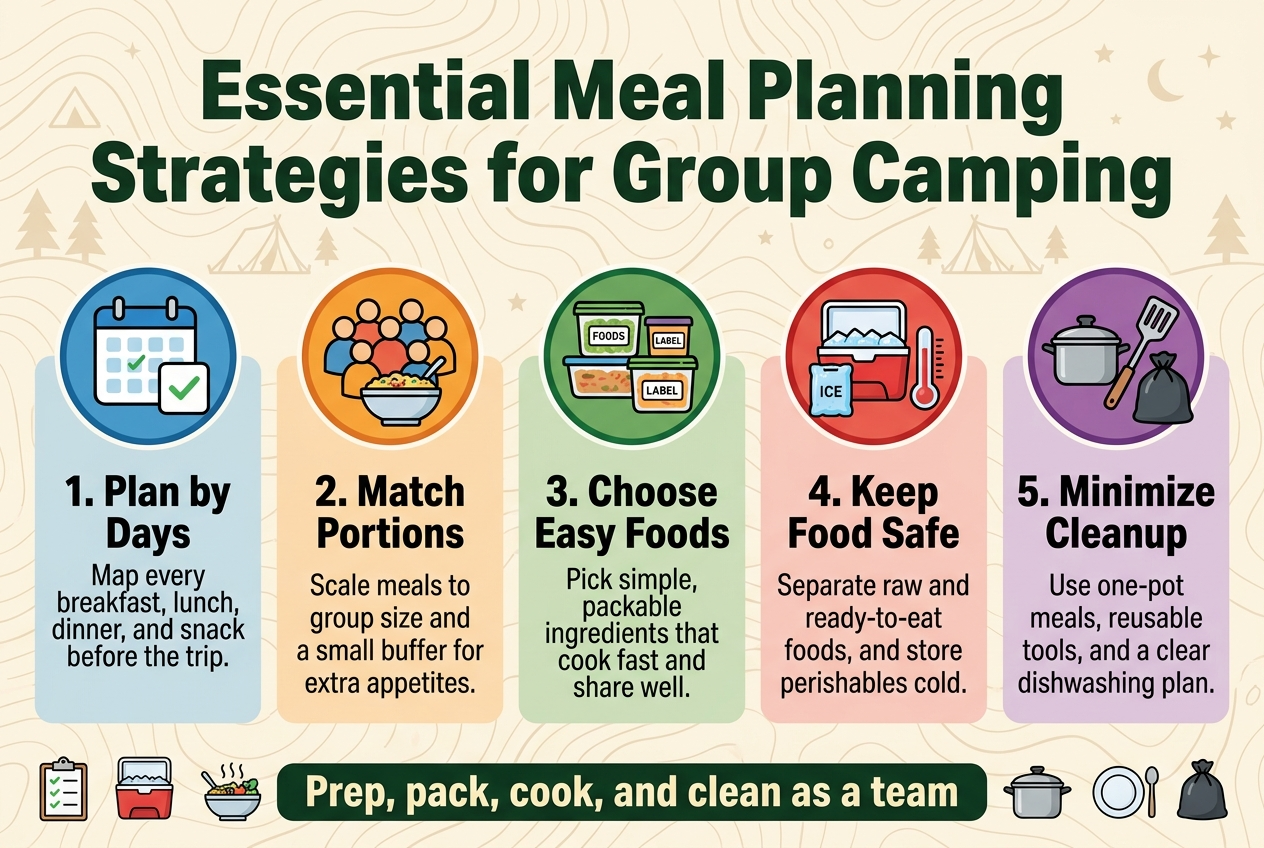 Full-bleed landscape infographic in 3:2 aspect ratio, clean professional outdoor-camping style, wide horizontal layout with no frame, no inset margins. Top center: bold large title in dark forest green sans-serif, exact text: "Essential Meal Planning Strategies for Group Camping". Background in warm light beige with subtle topographic line pattern and faint camping accents. Main content arranged in five evenly spaced horizontal sections across the center and lower area, using large numbered blocks with icons, each block in a soft colored panel with rounded corners: 1) Left section: a blue circular icon with a calendar and checklist. Heading text: "1. Plan by Days". Body text: "Map every breakfast, lunch, dinner, and snack before the trip." 2) Left-center section: an orange circular icon with a group of people and a serving bowl. Heading text: "2. Match Portions". Body text: "Scale meals to group size and add a small buffer for extra appetites." 3) Center section: a green circular icon with food containers and labels. Heading text: "3. Choose Easy Foods". Body text: "Pick simple, packable ingredients that cook fast and share well." 4) Right-center section: a red circular icon with a cooler, ice packs, and a thermometer. Heading text: "4. Keep Food Safe". Body text: "Separate raw and ready-to-eat foods, and store perishables cold." 5) Right section: a purple circular icon with a pot, spatula, and trash bag. Heading text: "5. Minimize Cleanup". Body text: "Use one-pot meals, reusable tools, and a clear dishwashing plan." Bottom band across the width with a highlighted summary strip in dark green and cream text, exact text: "Prep, pack, cook, and clean as a team". Add small supporting icons along the strip: checklist, cooler, pot, plate, trash bag. Use bold headings, smaller readable body text, balanced spacing, crisp vector-style illustration, modern infographic typography, high contrast, polished and organized.