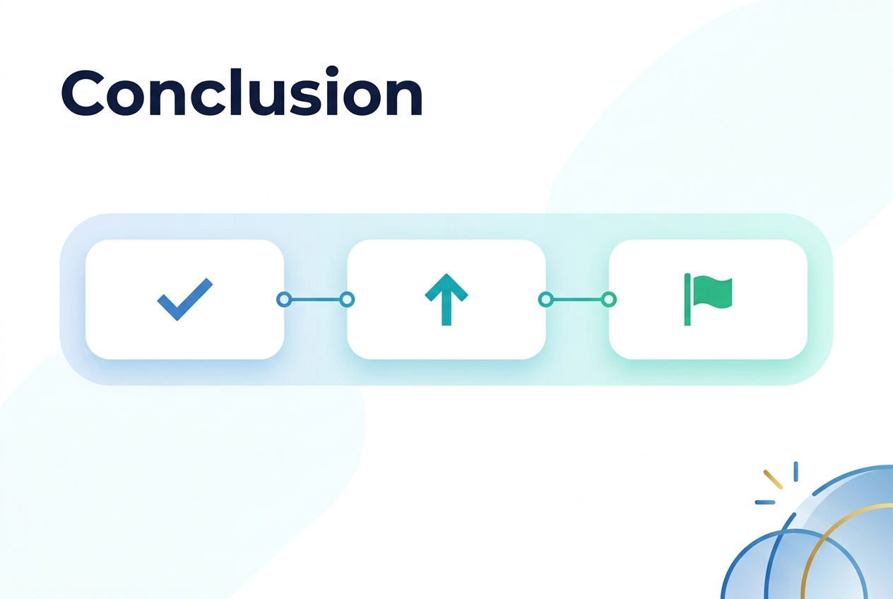 Full-bleed 3:2 landscape infographic illustration, clean professional corporate style, white background with subtle light blue and teal gradient accents, bold dark navy title at the top left reading "Conclusion" in a modern sans-serif font. Across the center, a wide horizontal closing sequence with three evenly spaced rounded rectangular blocks: left block with a blue checkmark icon, middle block with a teal upward arrow icon, right block with a green flag icon. Thin connecting line with small circular nodes linking the three blocks from left to right. Bottom right corner features a subtle abstract finish graphic with overlapping curved shapes and small spark lines in blue and gold. Minimalist layout, strong visual hierarchy, wide horizontal composition, crisp vector style, no extra text, no borders, no frame, no inset margins.