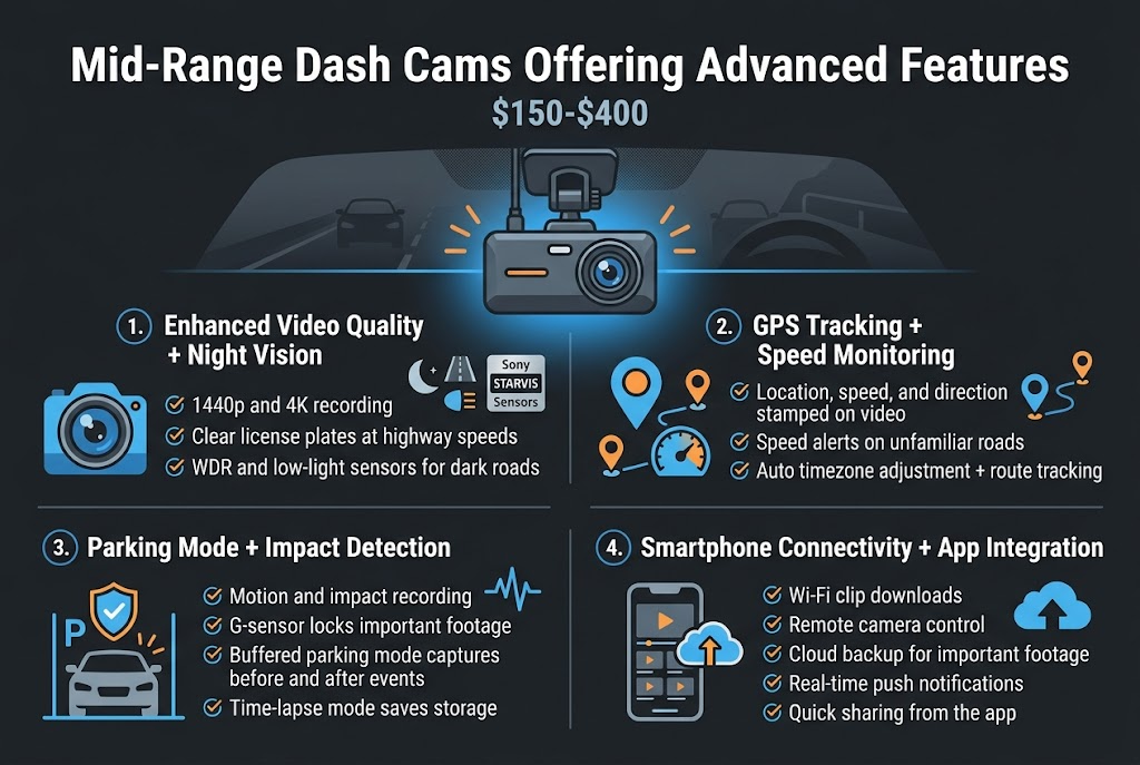 Mid-Range Dash Cams Offering Advanced Features $150-$400